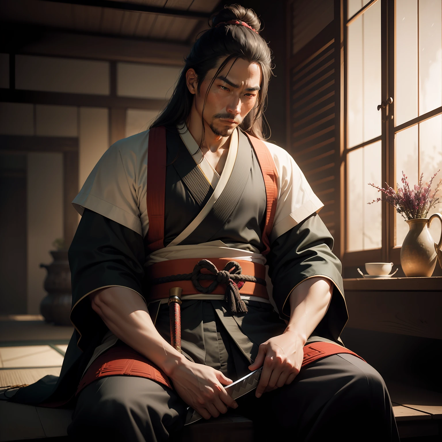 Imagine a samurai at rest, with his sword resting in his lap, while every detail of his clothing and environment is portrayed with an impressive level of realism --auto
