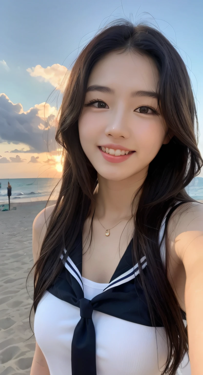 arafed woman in a sailor suit on the beach at sunset, 8k selfie photograph, young cute wan asian face, dilraba dilmurat, beautiful asian girl, wan adorable korean face, young adorable korean face, jaeyeon nam, gorgeous young korean woman, beautiful south korean woman, jisoo from blackpink, selfie shot straight on angle, beautiful and smiling