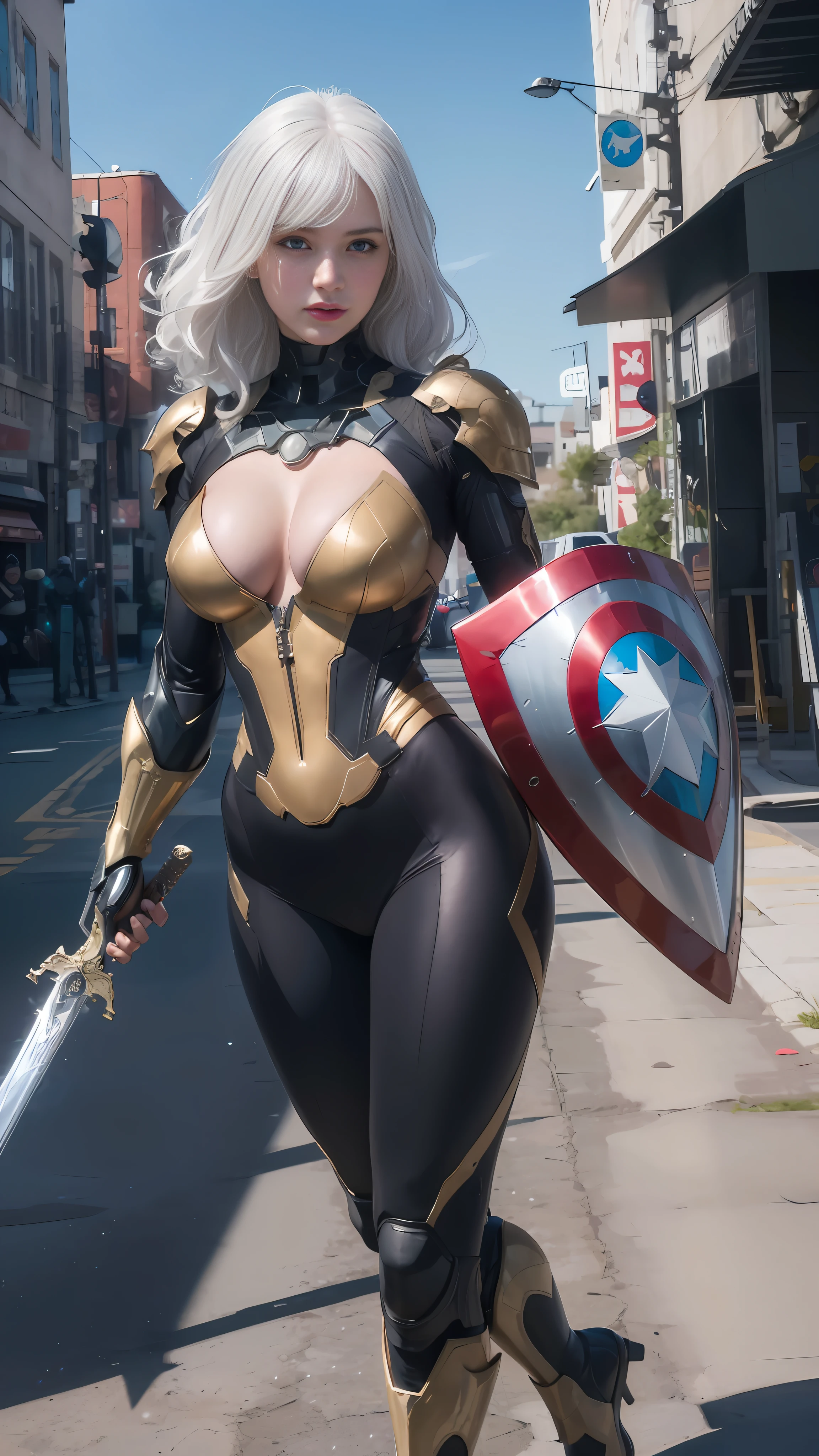 araffe woman in a black and gold costume holding a sword and shield, stunning armor, bikini armor, bikini armour, armor girl, bikini-armor, bikini armor female knight, black and golden armor, beautiful armor, ornate cosplay, wearing witchblade armor, thick armor, krenz cushart and artgerm, pvc armor, covered in full metal armor