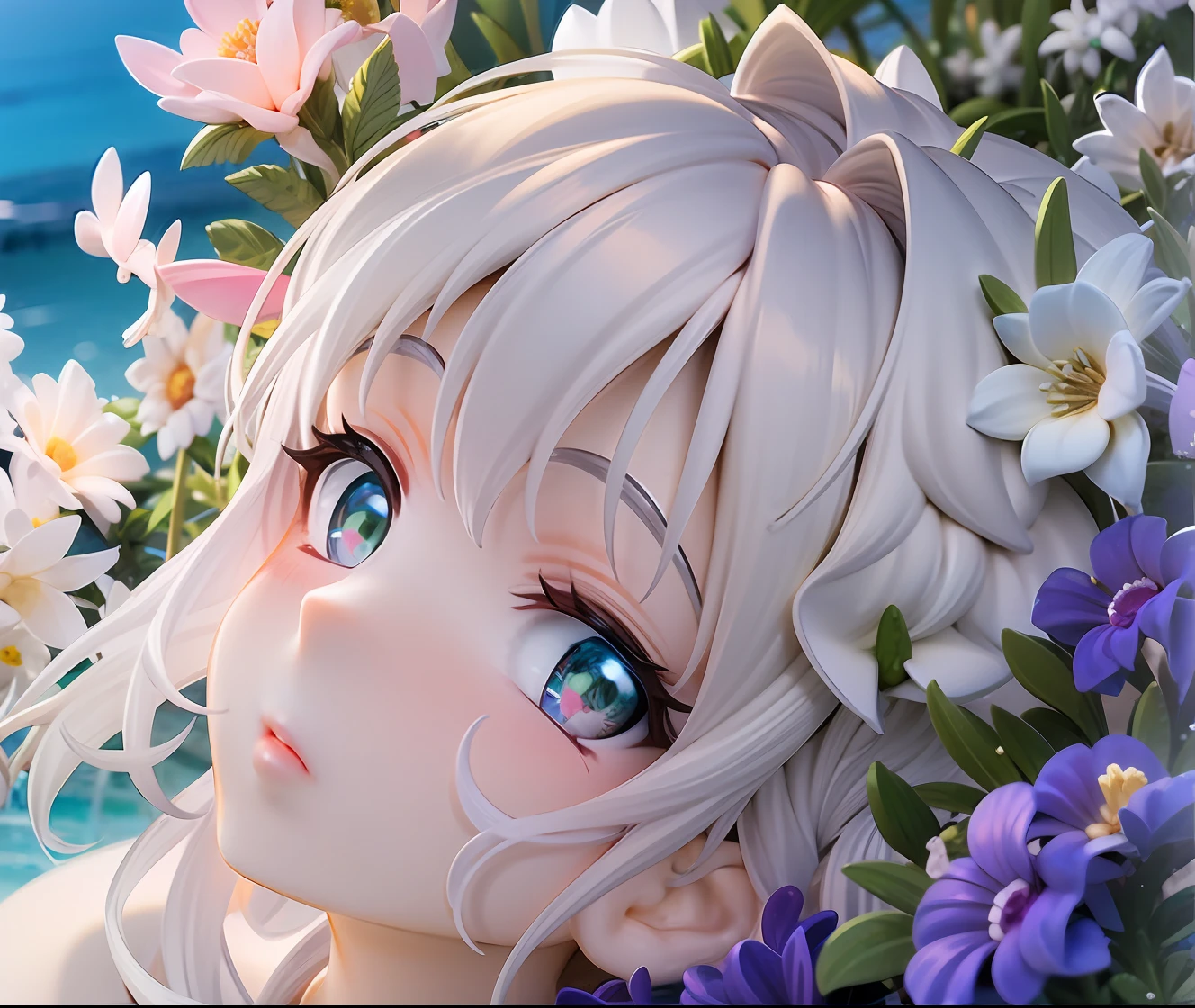 girl, white hair, short cut, white eyes, expressionless, look here, water wall, light blue swimsuit, white pattern, various flowers, water surface, waves, white skin, watercolor, pale tones, bright color palette, pastel colors