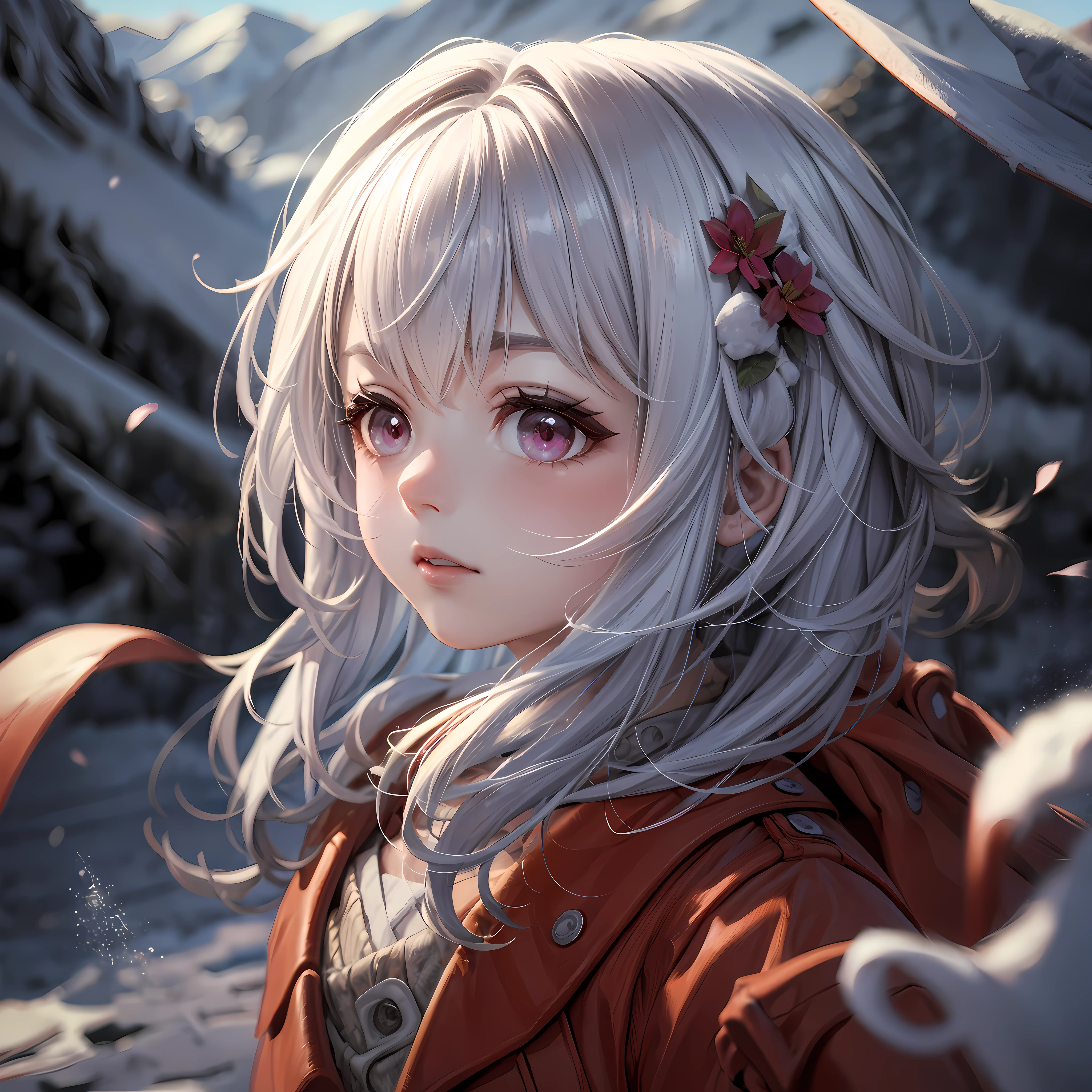Clara, Honkai Star Rail, mountain background with snow, 1 cute girl, red eyes, white hair, film grain, flower, backlighting, reflection light, god rays, blurry, cinematic lighting, motion blur, masterpiece, best quality, masterpiece, super detail, high quality, best quality, 16k, HD, high details, detailed eyes, eye sparkles, red shirt
