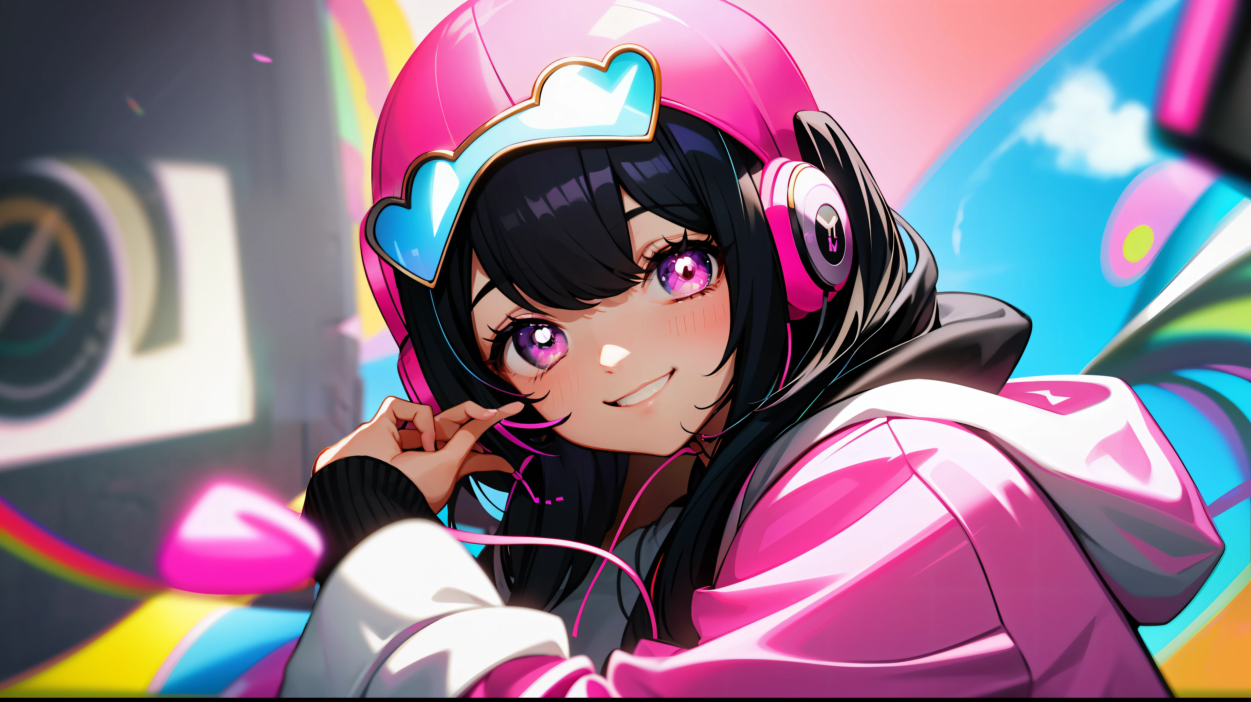 Woman with peace sense headset, closed eyes, beautiful face, RGB colors, bright purple hair, anime, banner for youtube video, happy girl, clouds with RGB colors, bright RGB colors.