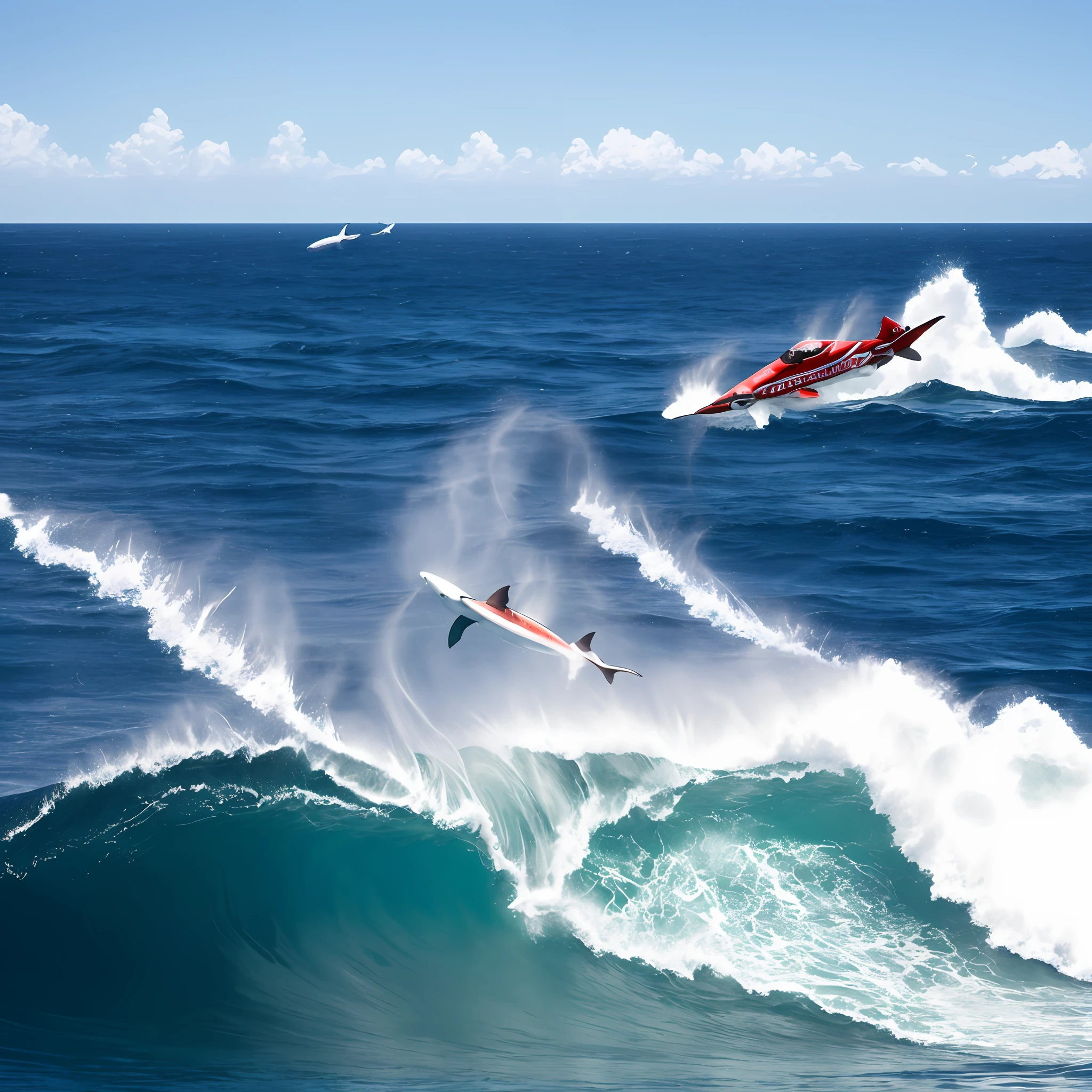 Middle-aged man current on a white background over the ocean at the speed of sound with sharks following --auto
