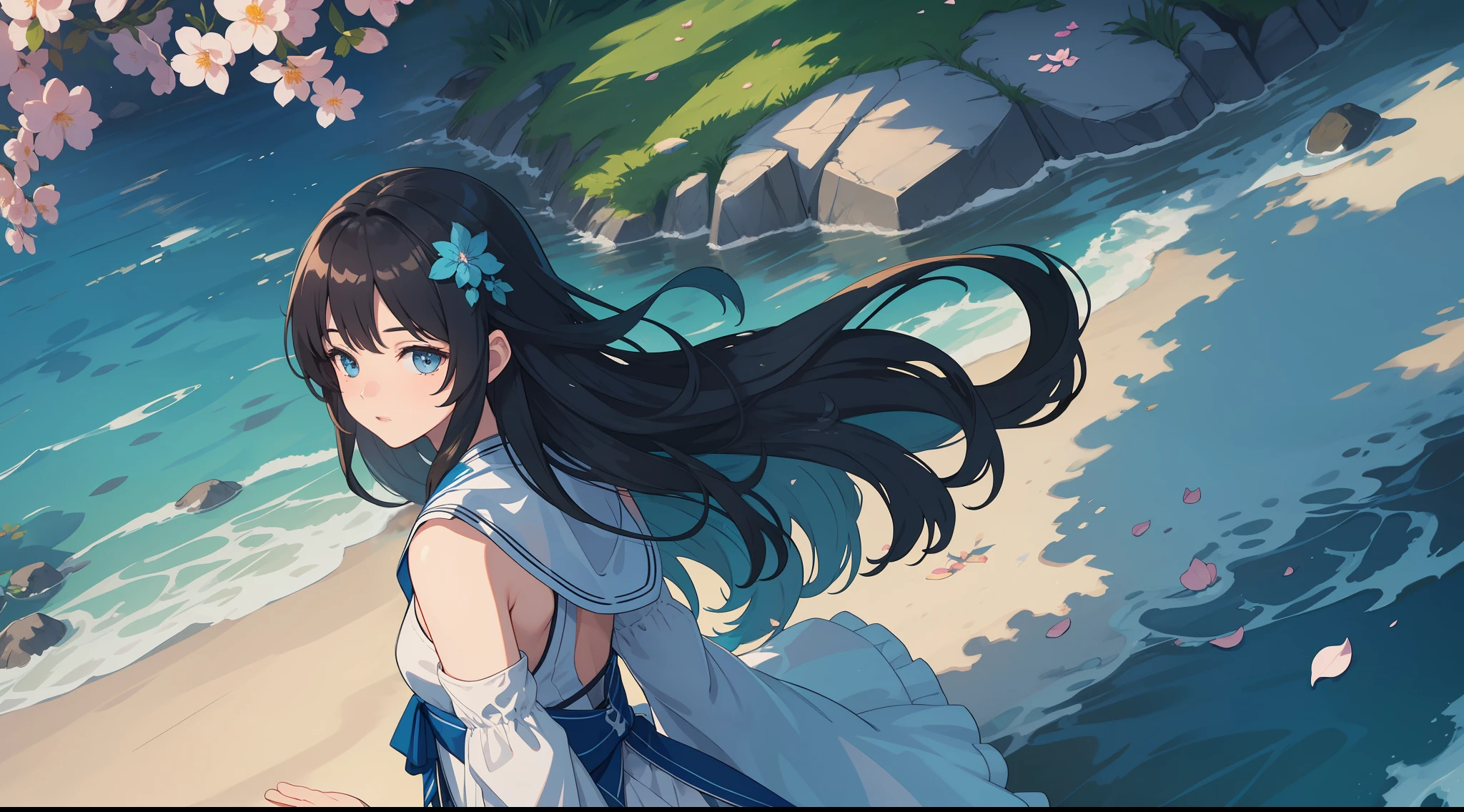 Masterpiece, best quality, (very detailed CG unity 8k wallpaper) (best quality), (best illustration), (best shadows) Nature', blue sea,delicate leaves petals of various colors falling in the air light Tracking, super detailed --v6
