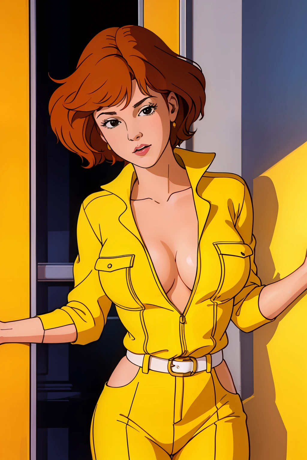 cowboy shot, april o'neil, 1980s \(style\), 1girl, brown hair, orange hair, retro artstyle, short hair, solo, yellow jumper suit, unbutton_shirt, (naked_breasts:1.2), medium_breasts, cleavage