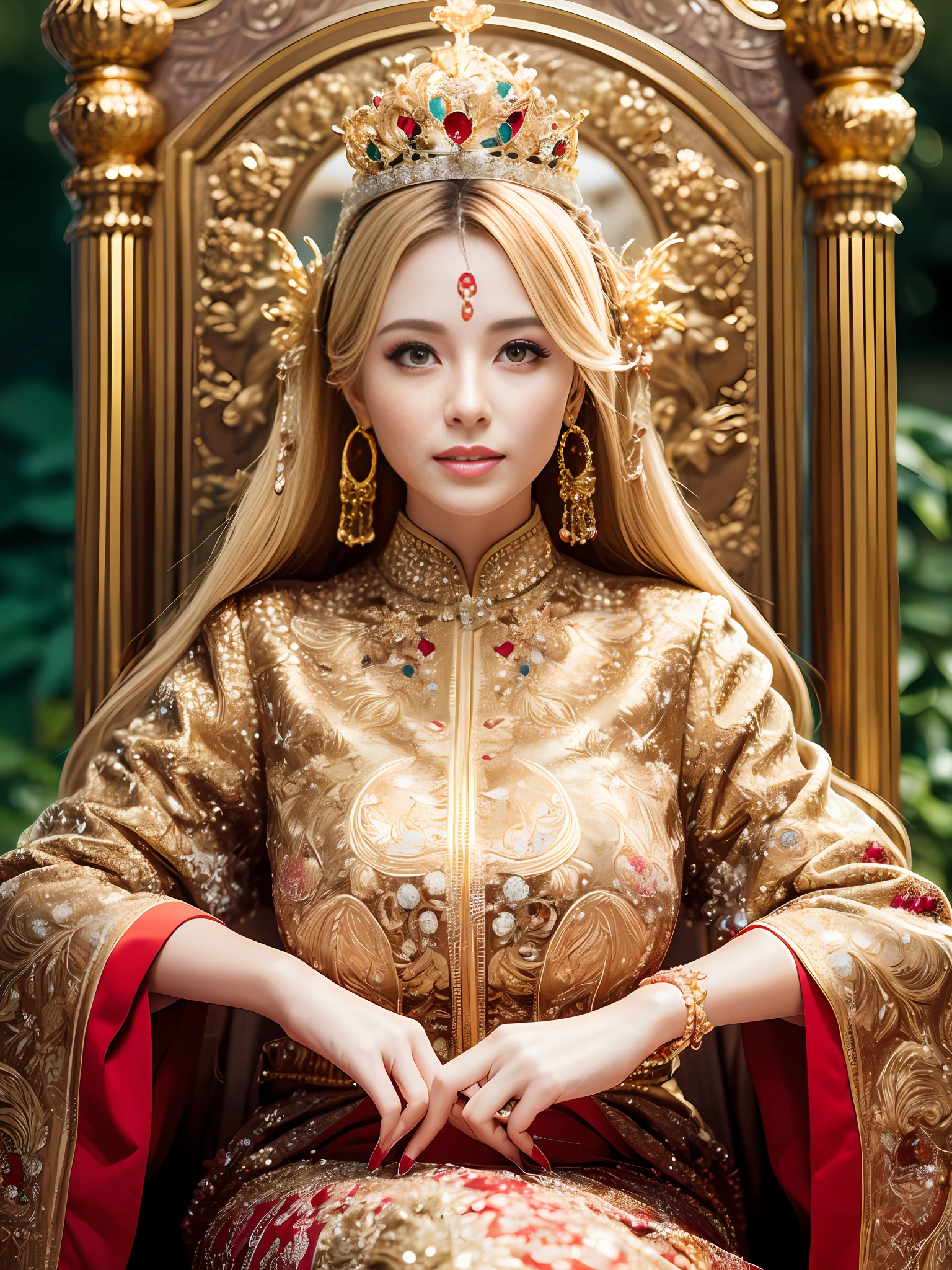 best quality, masterpiece, detail, intricate detail, realistic cinematic lighting, (fantasy art: 1.6), (seiza: 1.1), (front: 1.2), upright, royal, majestic, queen, (huge and golden throne: 1.4), crown, close-up front, solemn, throne, upright posture, seriousness, dignity, gaze ahead, contemplation, jewelry, solo, divine ray, 1 woman, gold and red dress, golden palace,