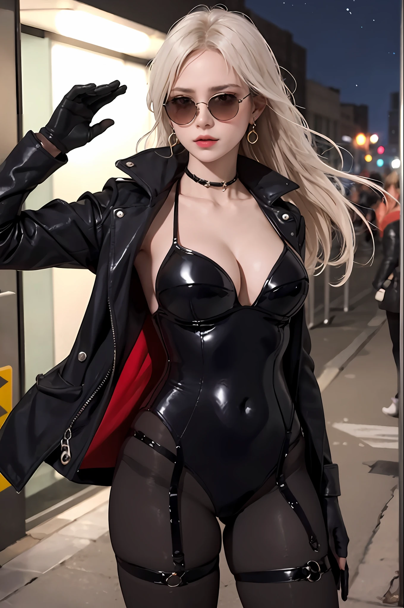 masterpiece, best quality,dnfSpectre, earrings, cleavage, black jacket, black leotard, pantyhose, black gloves, sunglasses, night, ruined city, medium breasts,