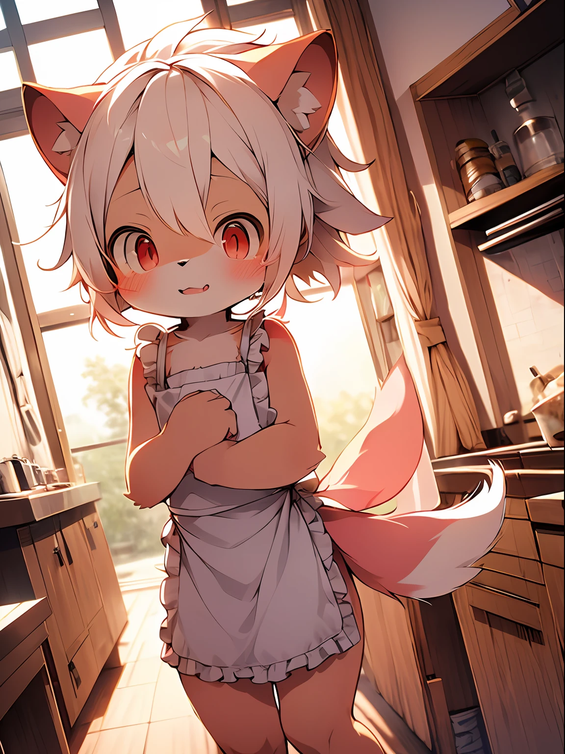 (pink fur, detailed fur, red eyes, white hair, cute), master masterpiece, high resolution, 8k, detailed background, high quality, girl, female, (by Dagasi: 1.1), solo, naked apron