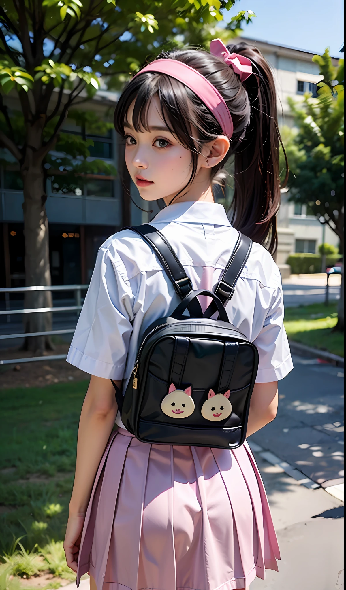 An eight-year-old girl, schoolboy school bag, cute pink school uniform, animal hanging, ponytail, headband