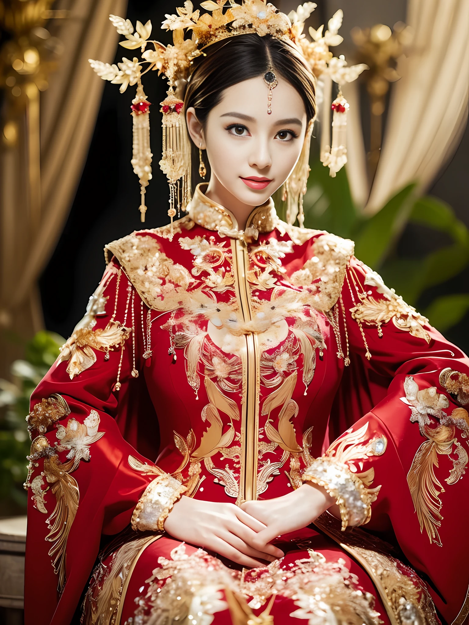 Best quality, masterpiece, detail, intricate detail, realistic cinematic lighting, (fantasy art: 1.6), (seiza: 1.1), (front: 1.2), upright, royal, majestic, queen, (huge and golden throne: 1.4), crown, close-up front, solemn, throne, upright posture, seriousness, dignity, gaze ahead, contemplation, jewelry, solo, divine ray, 1 woman, gold and red dress, golden palace,