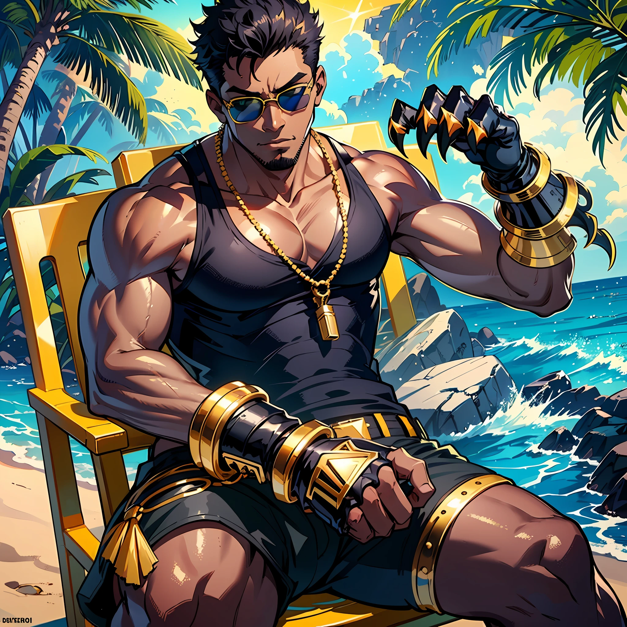 (1man) , solo, a black beefy man wearing a (( white sleeveless shredded shirt top )) , ((( golden gauntlets with claws ))) and ( black gold beach shorts ) , ((thick body )) , ( very dark skin ) , sitting on a beach chair tanning and adding sun block on his dark skin, (( behind the man there is a yellow aura of a panther )) , beach , sand , (( yellow glowing sunglasses)) , palm trees, lens flare, 32 k , anime , vector art, cartoon, trending on artstation --auto --s2