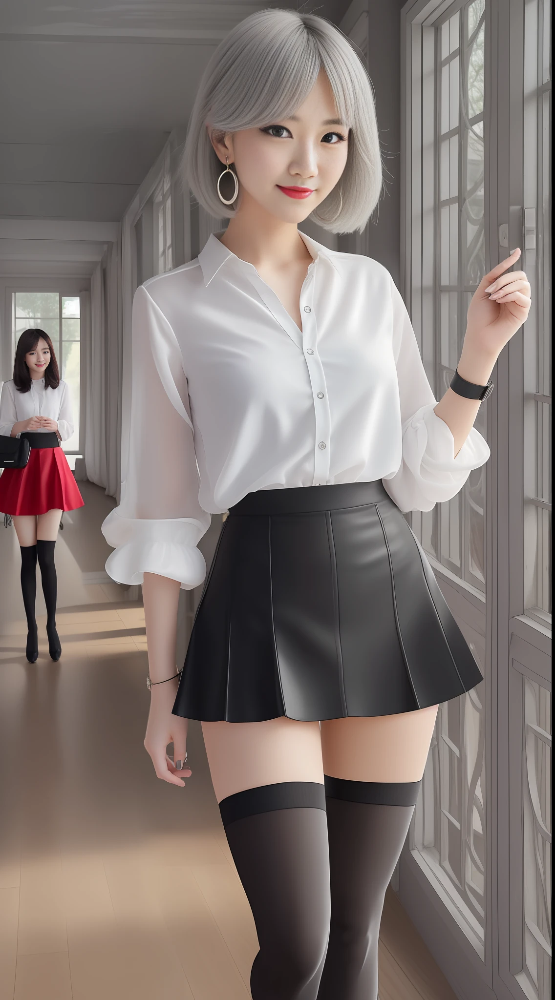 (One person 1.5), (A royal sister style Korean star 1.5), ((Best quality, 8K, Masterpiece: 1.3)), (Slim body: 1.3), Focus: 1.2, Perfect Body Beauty: 1.4 , (Pursed lips and smile: 1.2), (Pure Desire 1.5) Highly detailed face and skin texture, Fine eyes, Double eyelids, whitening skin, (Flaming red lips: 1.5), (Student set: 1.4), (Full body photo 1.8) (huge floor-to-ceiling window 1.4) slender legs, (skirt 1.5) (transparent black stockings, thigh socks 1.5), delicate facial features, high nose, big eyes, wearing earrings, hand strap a fashion watch, (short gray hair 1.5), standing and making a concert scene --auto
