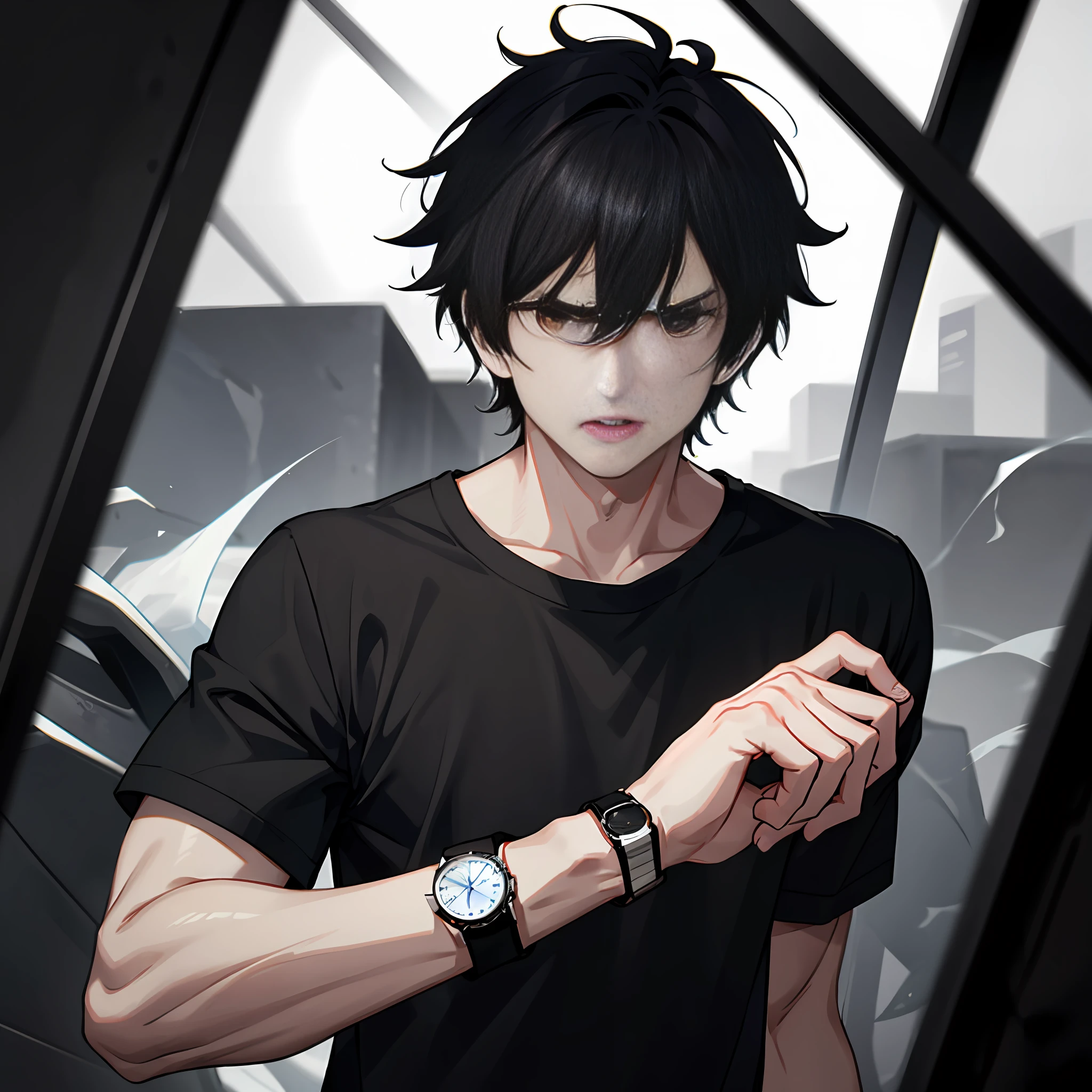 1boy, black hair, black shirt, red eyes, watch, messy hair, 8k resolution, fierce, delicate facial features, high cold, murderous, angry,