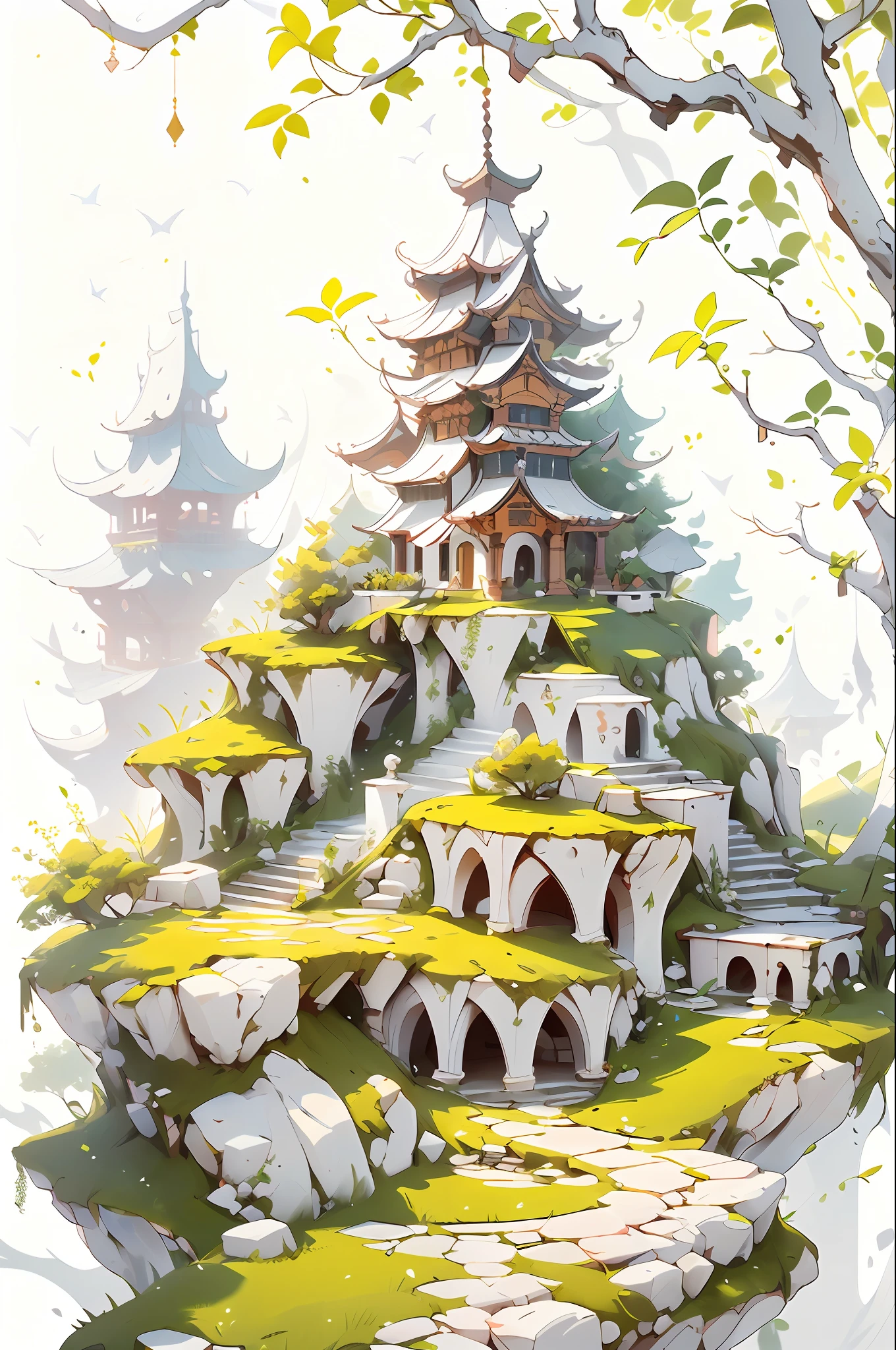 (Ultra wide-angle lens), (Best masterpiece), 8K, An ancient Chinese town nestled in mountains and hills, with lush trees, verdant leaves, murmuring streams. The visuals are exquisite and beautiful, brimming with sunshine.(white background:1.5),white background,outside border