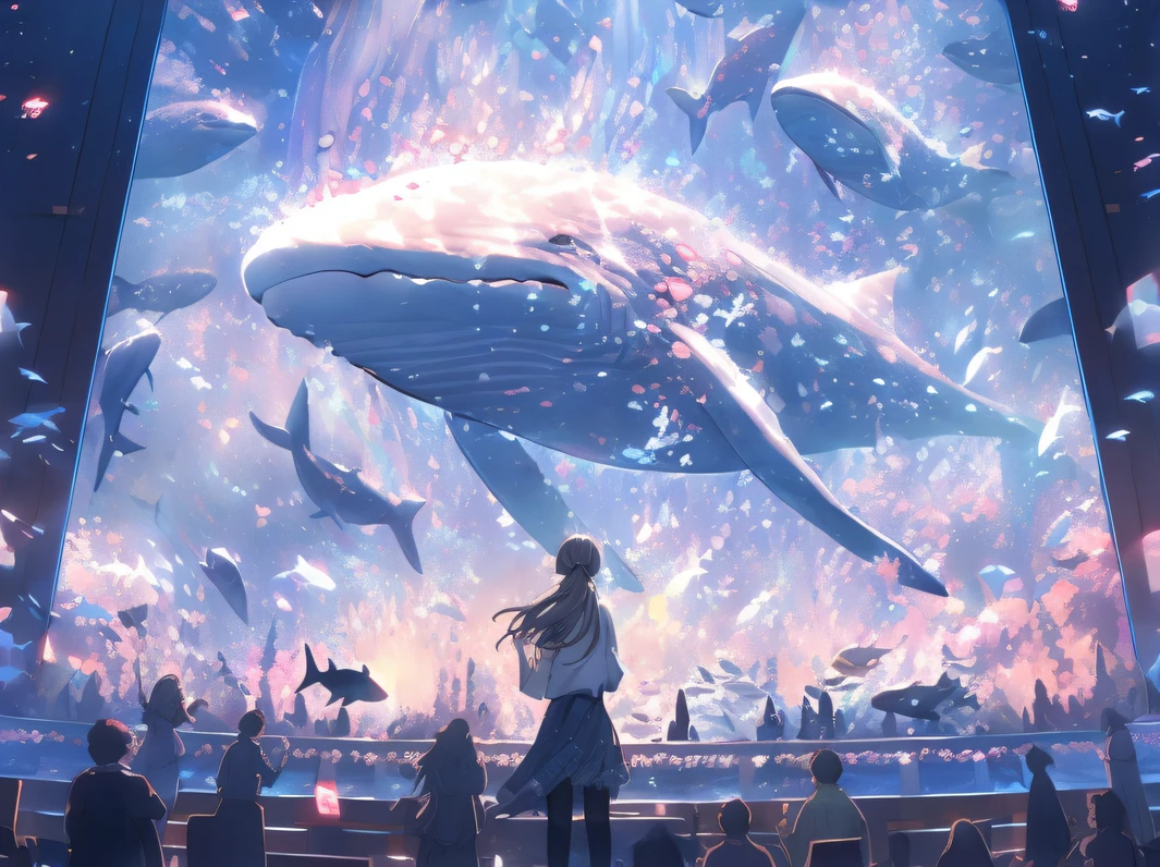 Anime style,masterpiece, A beautiful painting of a dream of a huge aquarium, a person stands in front of the observatory and looks at whales through the glass. Those animals are swimming in the sea of ​​stars, romantic, fairy light , japanese anime style trending on artstation by Rella , Trending on pixiv, pink,Pink fluorescence, light blue and yellow color scheme,shoal of fish,(depth of field:3)