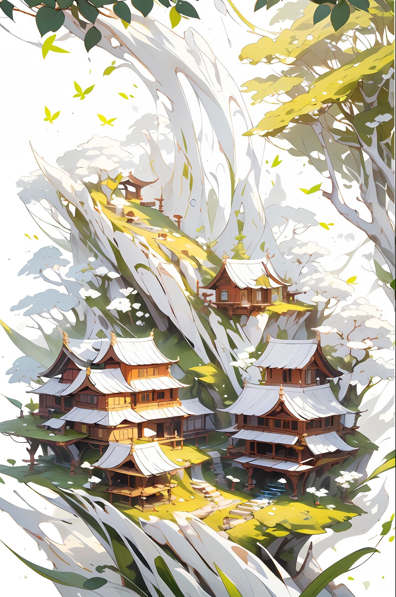 (Ultra wide-angle lens), (Best masterpiece), 8K, An ancient Chinese town nestled in mountains and hills, with lush trees, verdant leaves, murmuring streams. The visuals are exquisite and beautiful, brimming with sunshine.(white background:1.5),white background,outside border