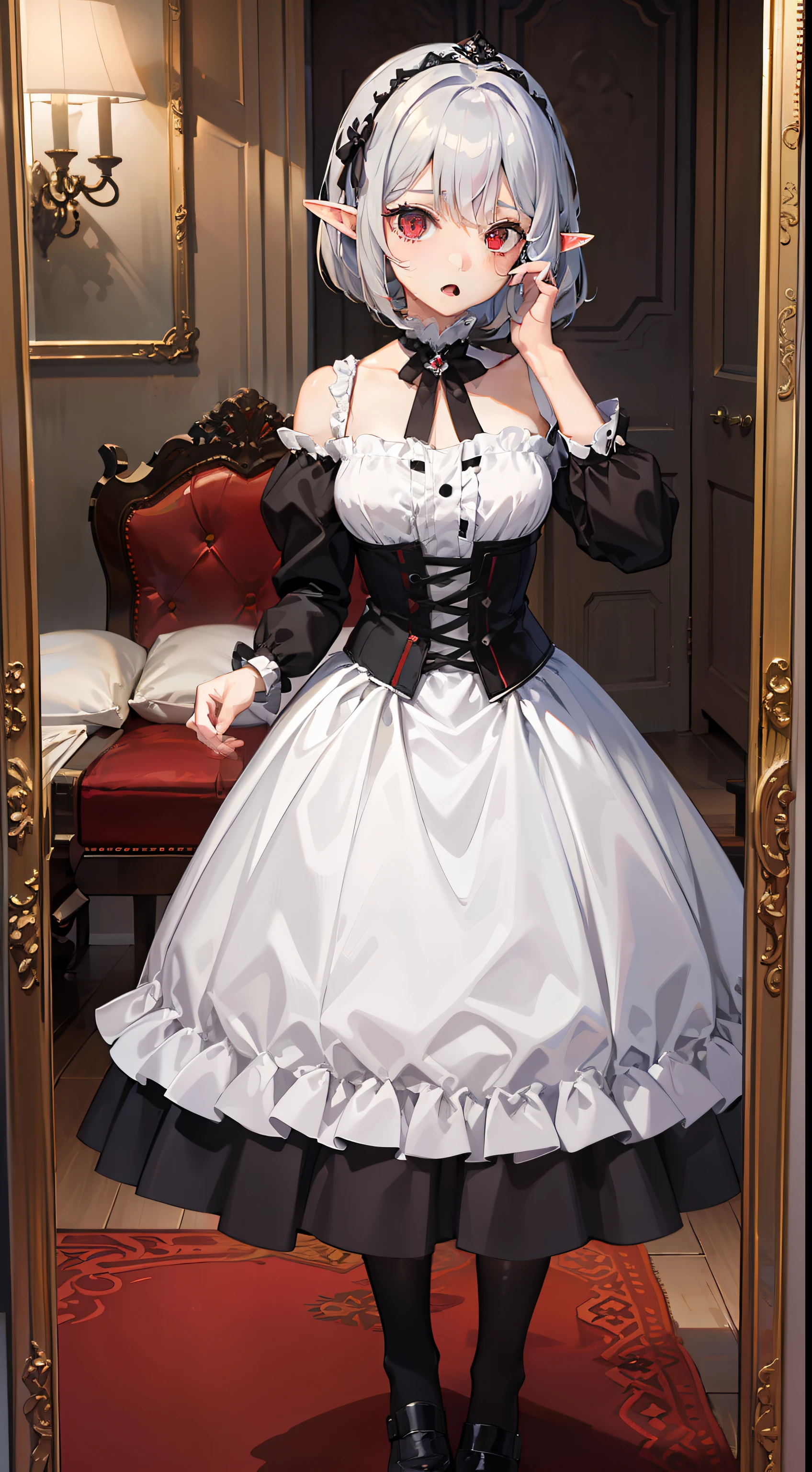 ((Put your hands on your face)), ((surprised)), (Red face), Full body of one girl, Elf, Silver hair, Red eyes, Braid hair, Bob cut, Gothic ta, Dress, Ruffles, Indoors, Mirror, TS, Concept art, Beautiful anime scene, Beautiful anime scenery, Best quality, Masterpiece, 4K