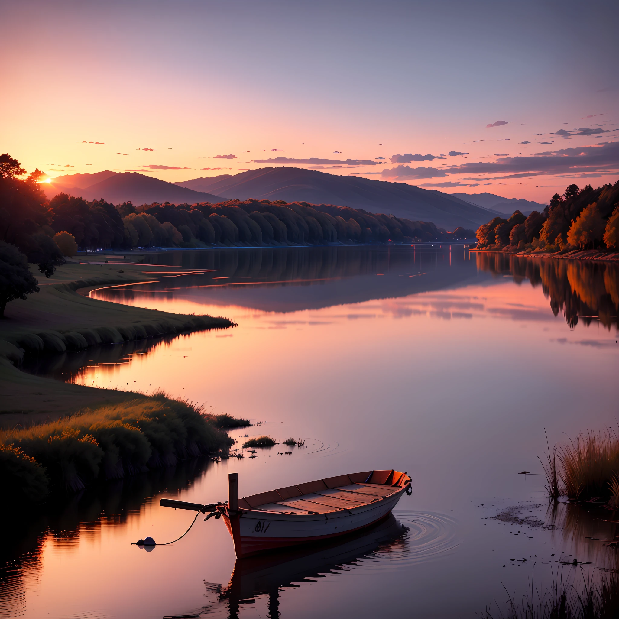 Imagine a serene sunset over a tranquil lake, with a lone sailboat peacefully gliding on the water. The sky is painted with hues of orange, pink, and purple, creating a breathtaking atmosphere. Capture the beauty and serenity of this scene --auto