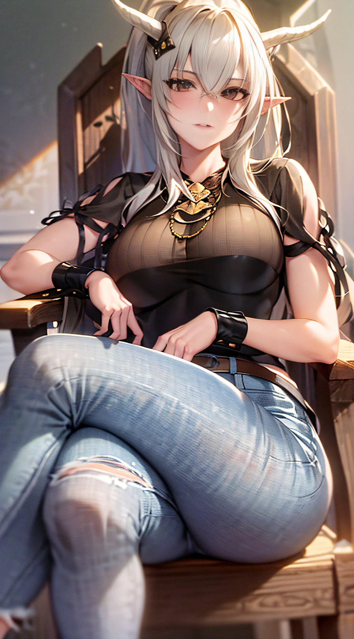 1girl,cowboy shot,shininghead,chair,sitting,jeans,crossed legs,t-shirt