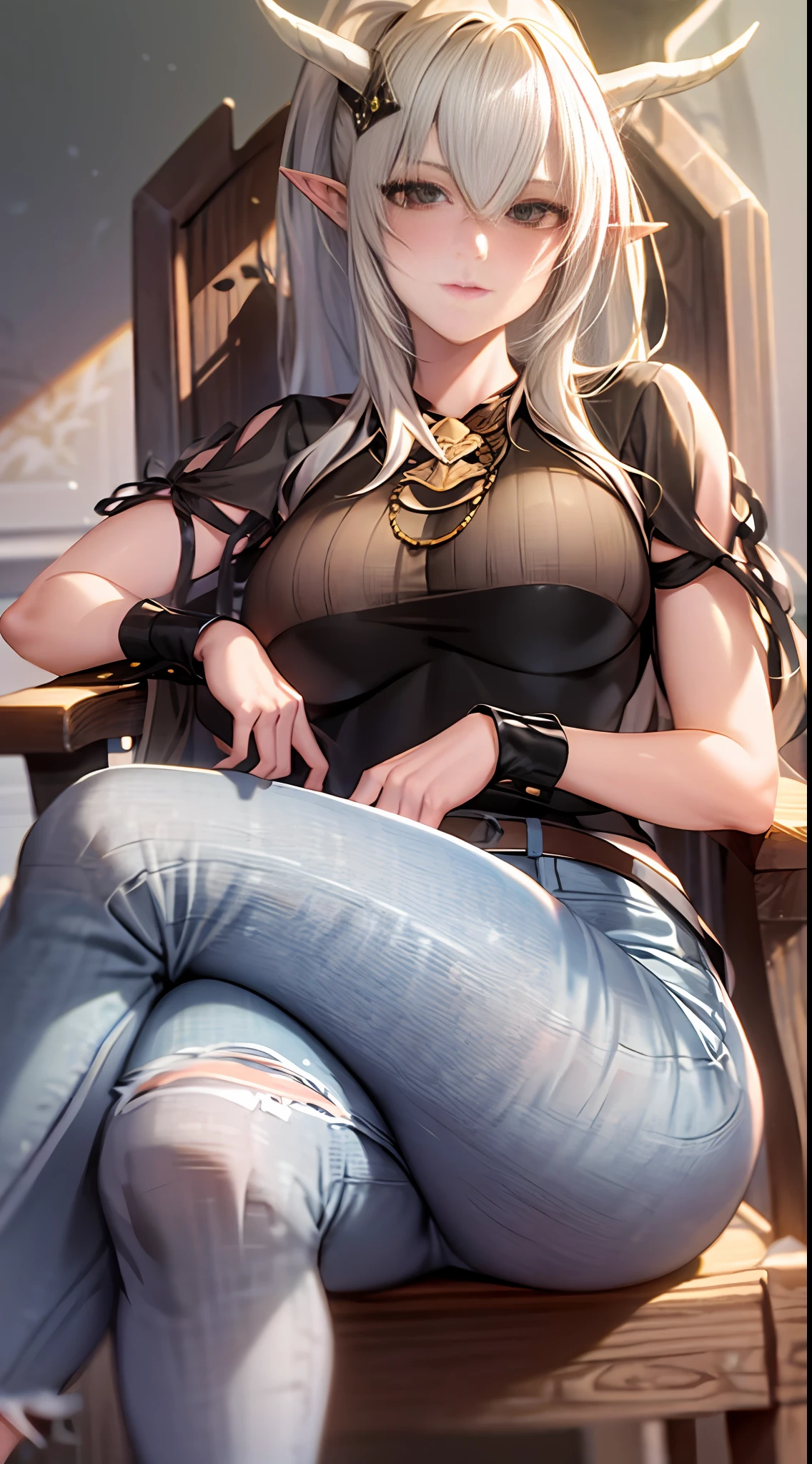 1girl,cowboy shot,shininghead,chair,sitting,jeans,crossed legs,t-shirt