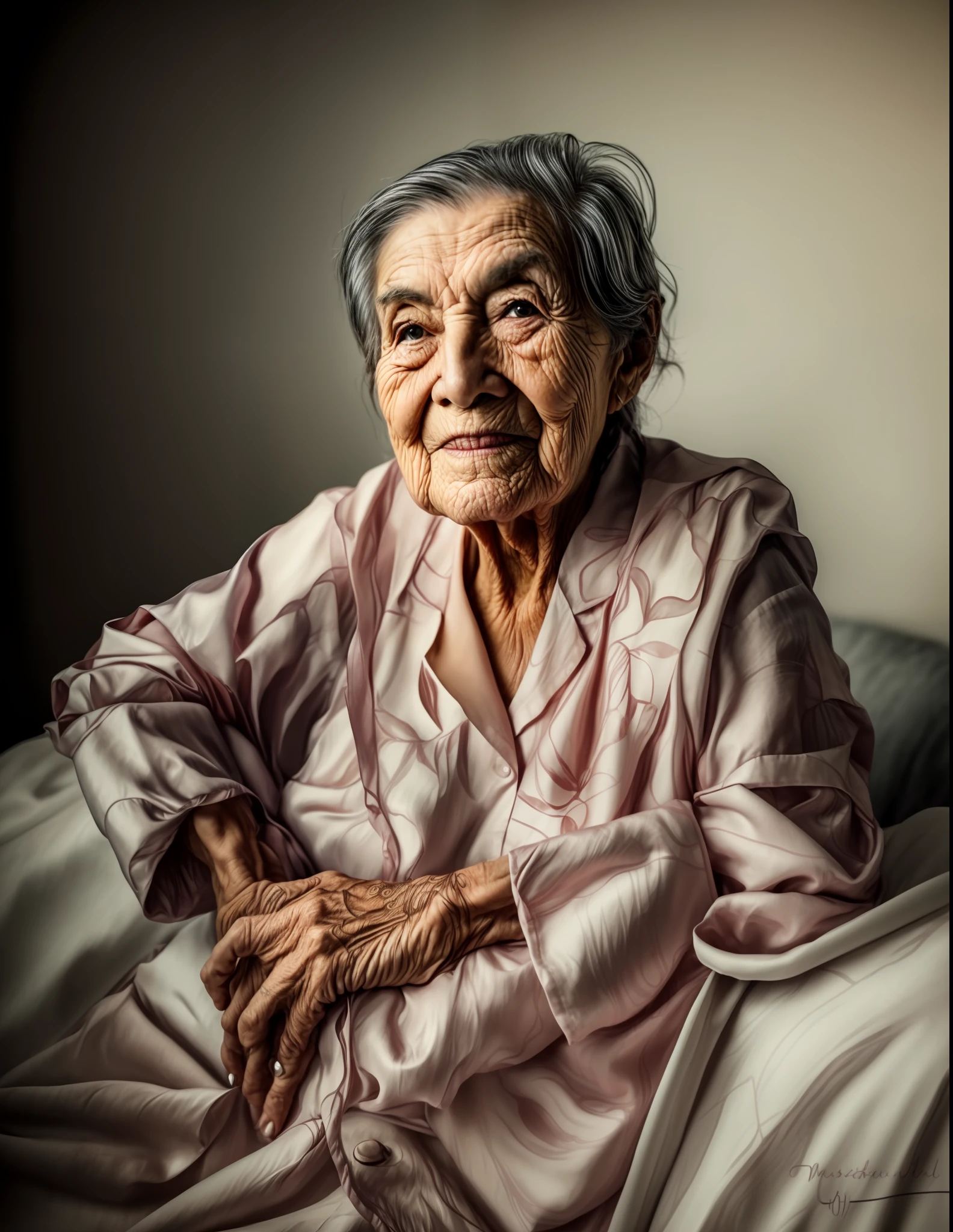 ((masterpiece)), ((best quality)), ((super realistic)), high detail, Color portrait of an old woman, wearing satin