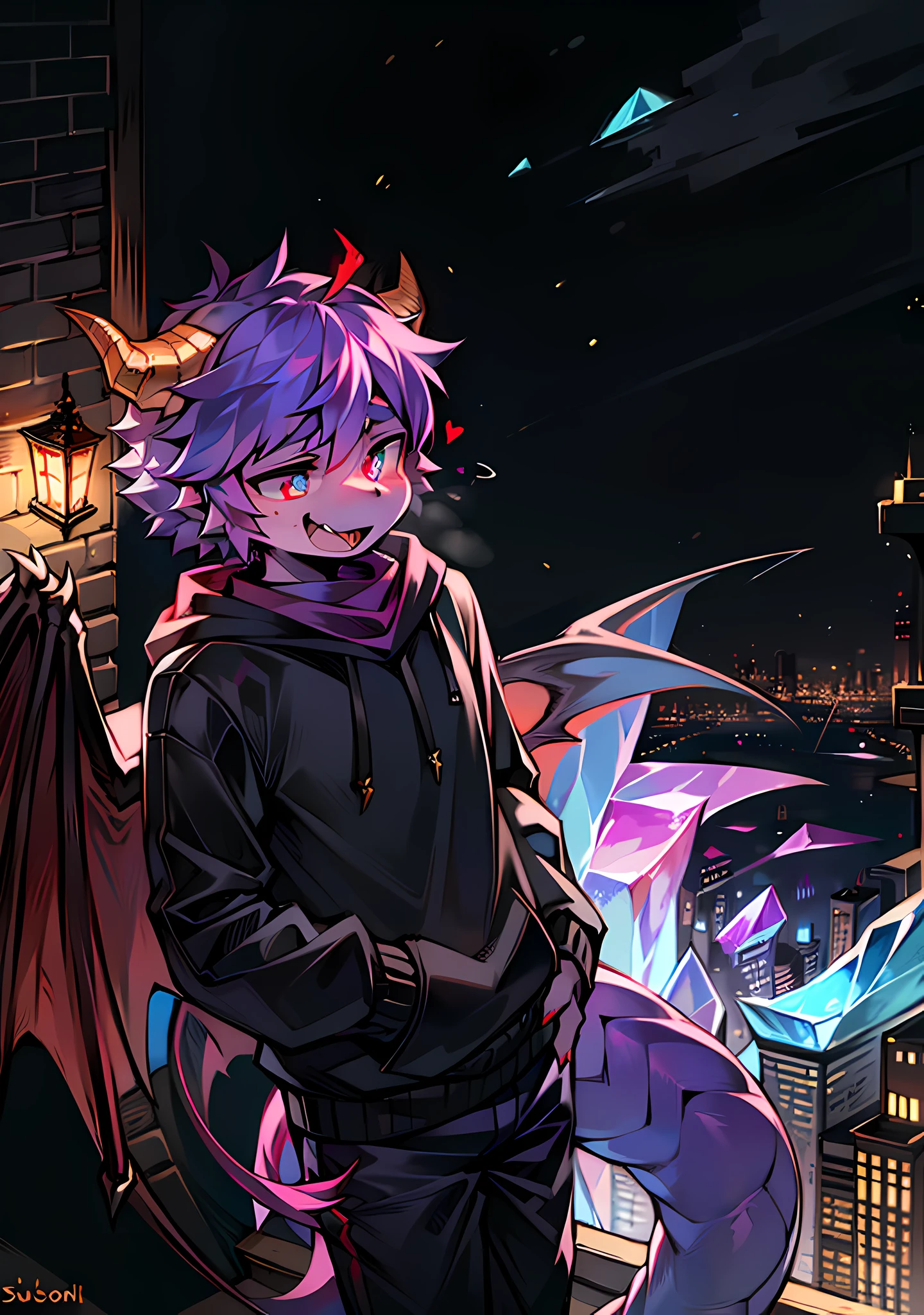 In a 4K wallpaper in masterpiece quality, a boy stands by a clear lake with a clear moonlit outdoor environment in the background. The boy is undergoing a process of being transformed into a vampire by a blood sucker, and he is excited by a strong thirst for blood, he is known as a "little mermaid" and has the characteristics of a large number of jellyfish. He has gorgeous fine scales, delicate eyes, humanoid focus, turquoise vertical pupils that are transforming into glowing blood red, and a long thin tail with glowing patterns and crystal dragon horns; black-gold hooded sweatshirt and black shorts, blue-gold scarf and glow tattoos; With dark purple and black dragon wings to make him appear more beautiful and mysterious, crystal and dark dragon pieces bring more mystery, strong blood thirst makes him involuntarily show his sharp fangs, spread his wings, fly over the city, try to find his first victim.