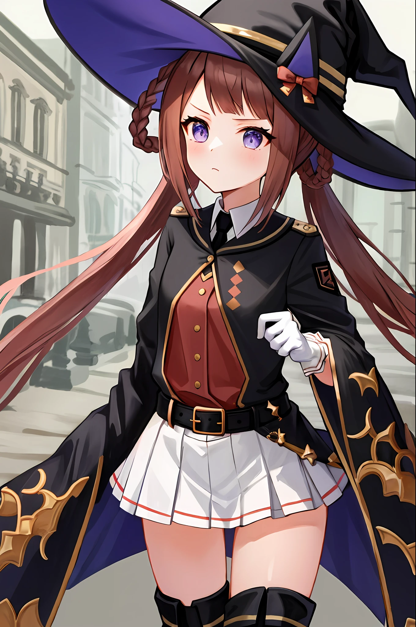 masterpiece, best quality, best aesthetic, ultra-detailed, sweep tosho \(umamusume\), witch hat, black headwear, black necktie, collared shirt, red shirt, white gloves, wide sleeves, black jacket, black robe, buckle, belt, white skirt, pleated skirt, black thighhighs, thigh boots, high heel boots, nice hands,  night, cowboy shot, cameltoe, thigh gap, standing, rage, fluctuate, spoiled child, aged down,