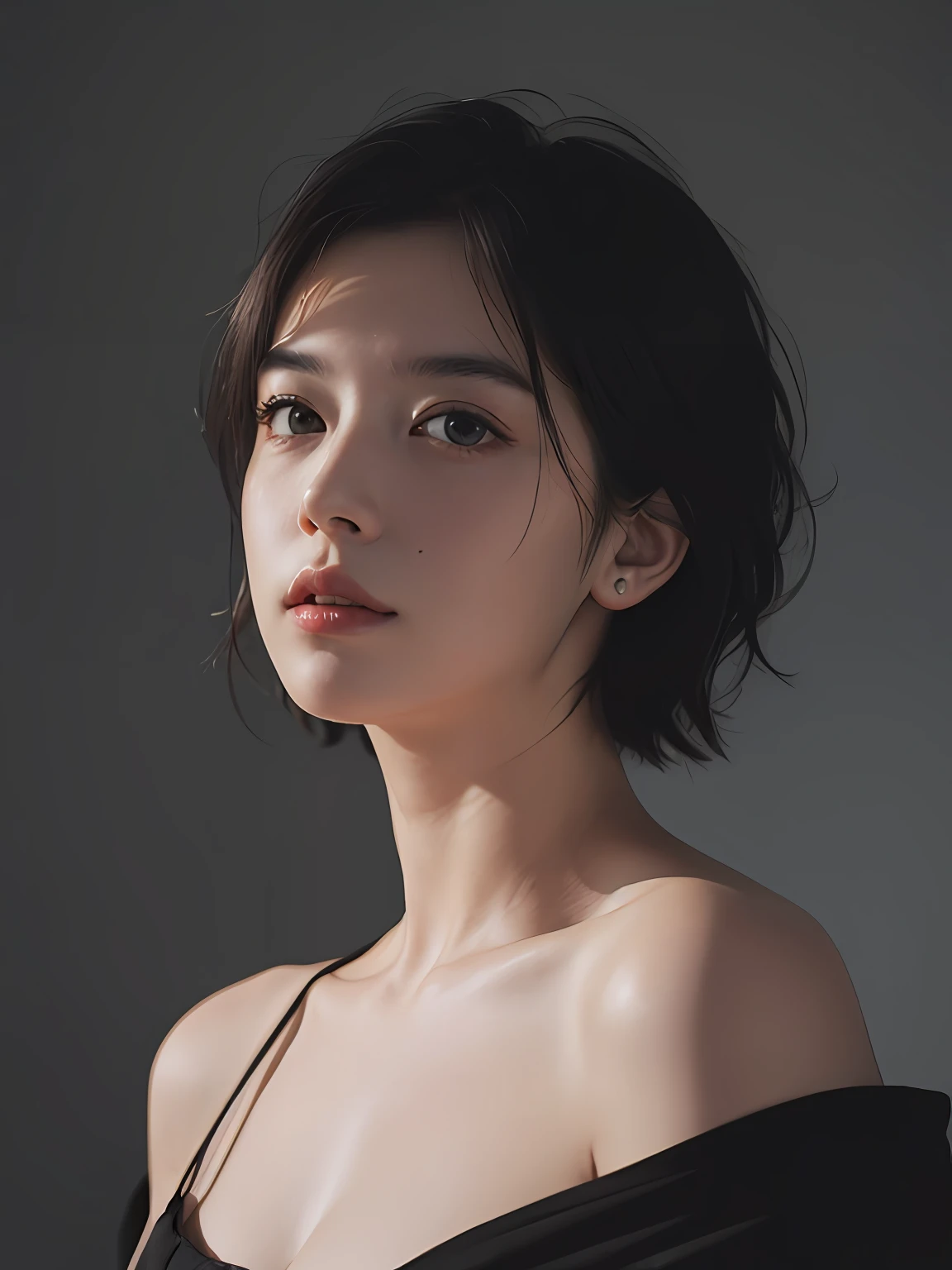 Best quality, masterpiece, ultra high res, (photorealistic:1.5), raw photo, 1girl, offshoulder, in the dark, deep shadow, low key, cold light, sexy look, short hair