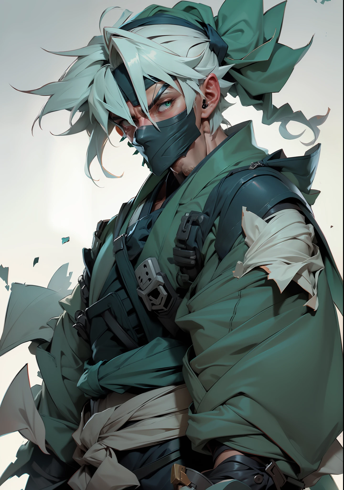 Kakashi hatake, Adult man with white hair and, green jacket with blue sleeves, bandana on forehead, kakashi, super detailed and defined illustration, concept art, artstation, 8k.
