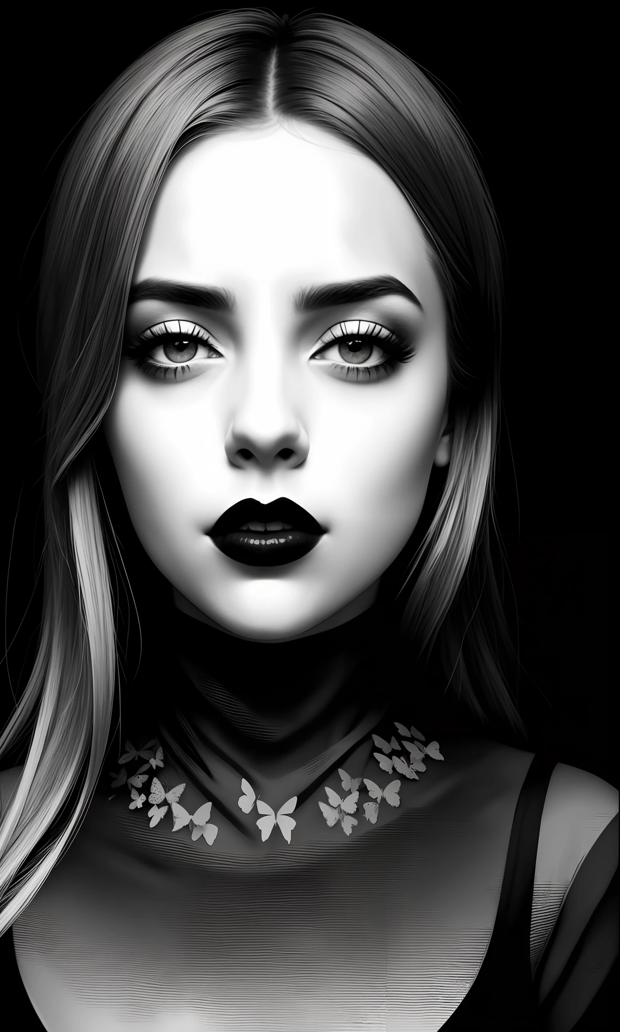 Rapped image of a woman with black and white makeup and a black and white photo, soft devil madison beer, scary filter, distorted photo, with haunted eyes and dark hair, overlord billie eilish, desaturated!, black and white filter, with black eyes, billie eilish, ( (dithered) ), charli bowater, black👙🌈💲 butterflies