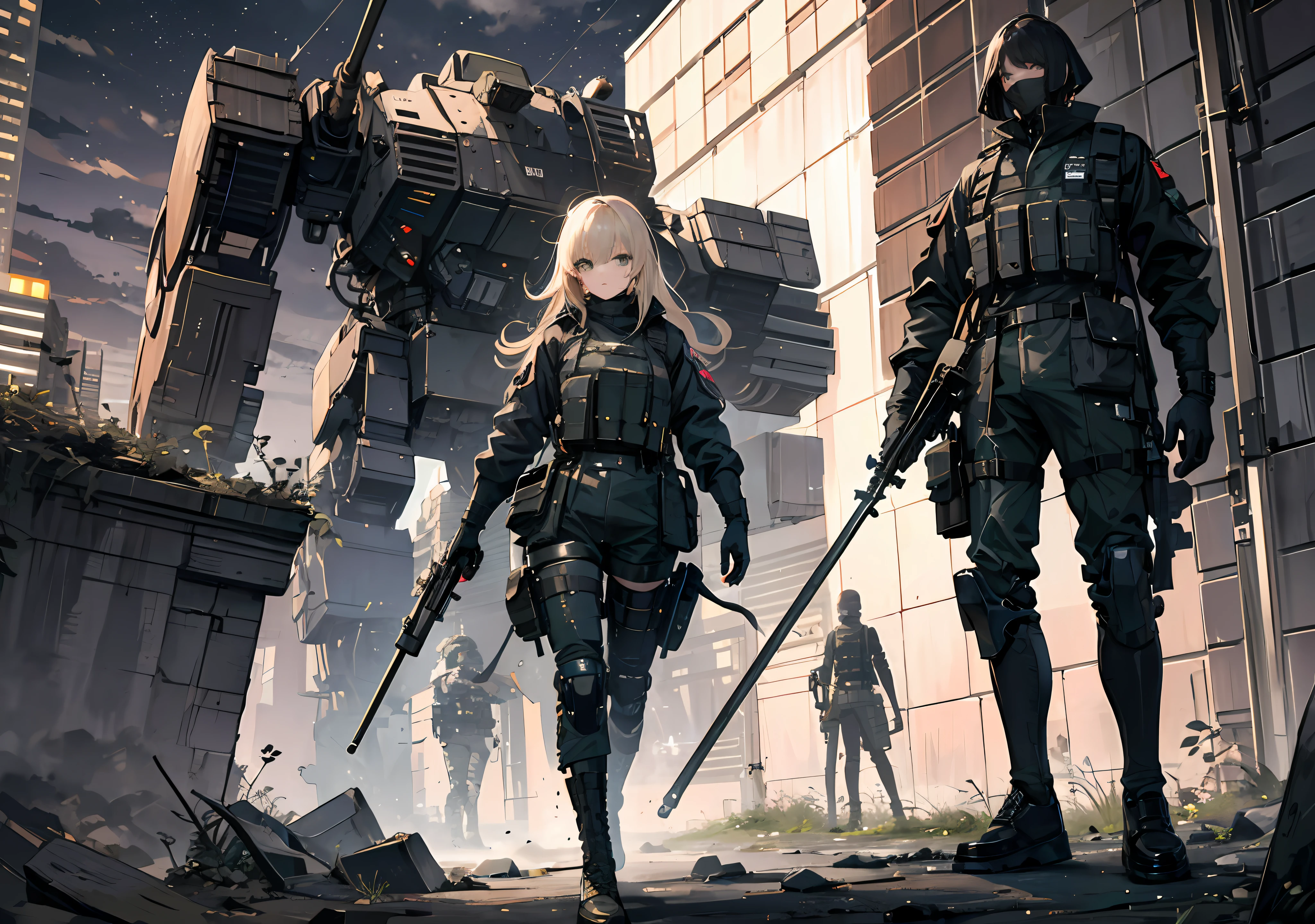 {{Masterpiece, top quality, highly detailed CG, 16K, movie lighting, lens flare}}, (1 girl soldier sniping a huge military robot with Lahti L-39 anti-tank gun), wide view, thick body, Photorealism: 1.4, long blonde hair, green eyes, have multiple weapons, aim accuracy 1.4, Lahti L-39 anti-tank gun, direct light, Night footage with f/1.8 lens flare, shot on rubble with a depth of field of 35mm ((Shinjuku at night with five special forces SWATs in combat)), (sniping with anti-tank rifles), from side, HDR, hyper detailed, the wreckage of a giant robot, (wide angle lens)