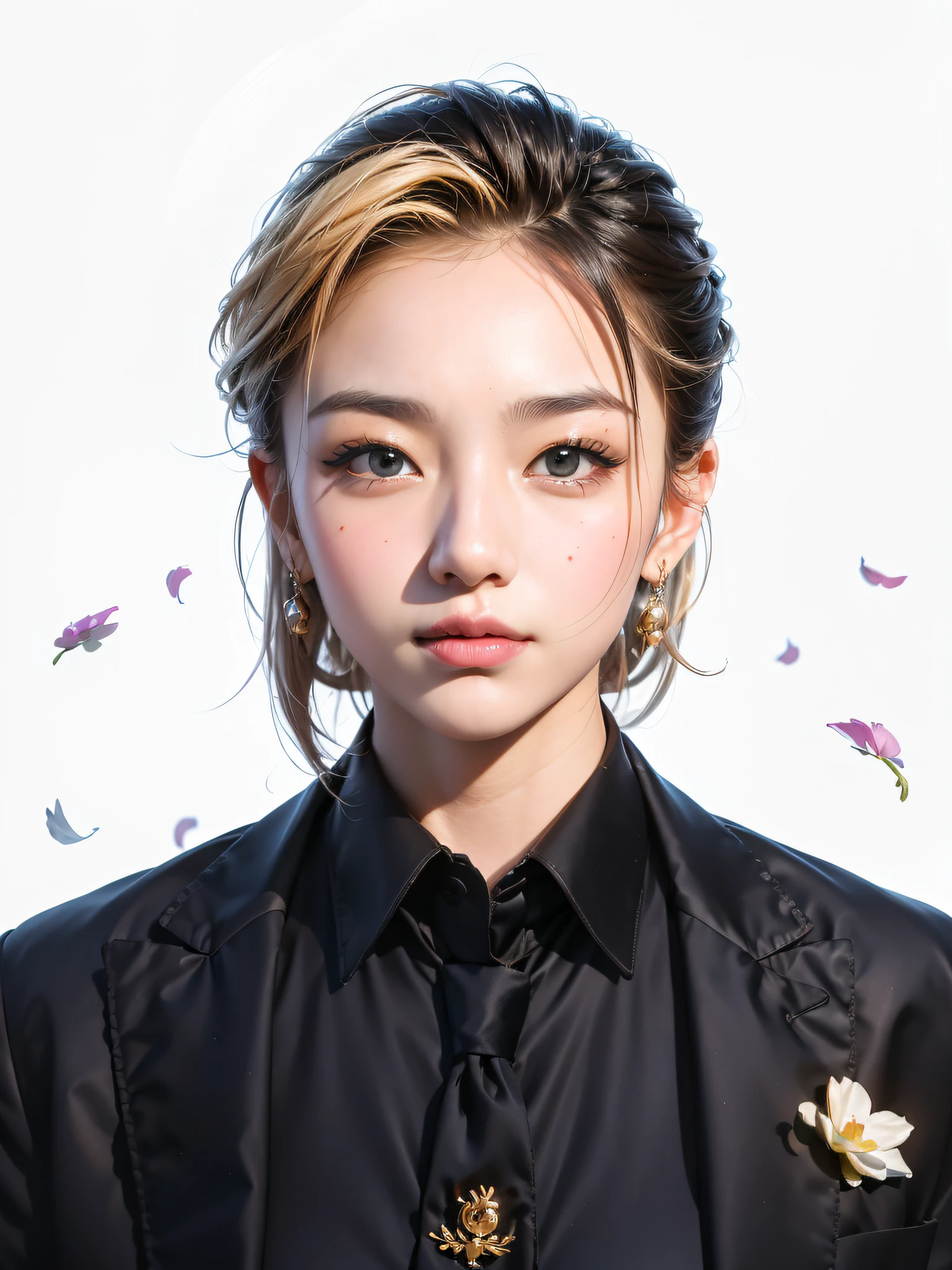 There is a woman in a suit and tie posing for a photo, inspired by Cheng Yanjun, a realistic portrait of kawaii, realistic. Cheng Yi, Korean female idol portrait, Guvez style artwork, Kpop idol portrait, produced with anime painter studio, beautiful digital illustration, beautiful digital artwork, elegant digital art, by Russell Dongjun Lu, crazy details, real portrait, real light and shadow, smile, smooth hair
