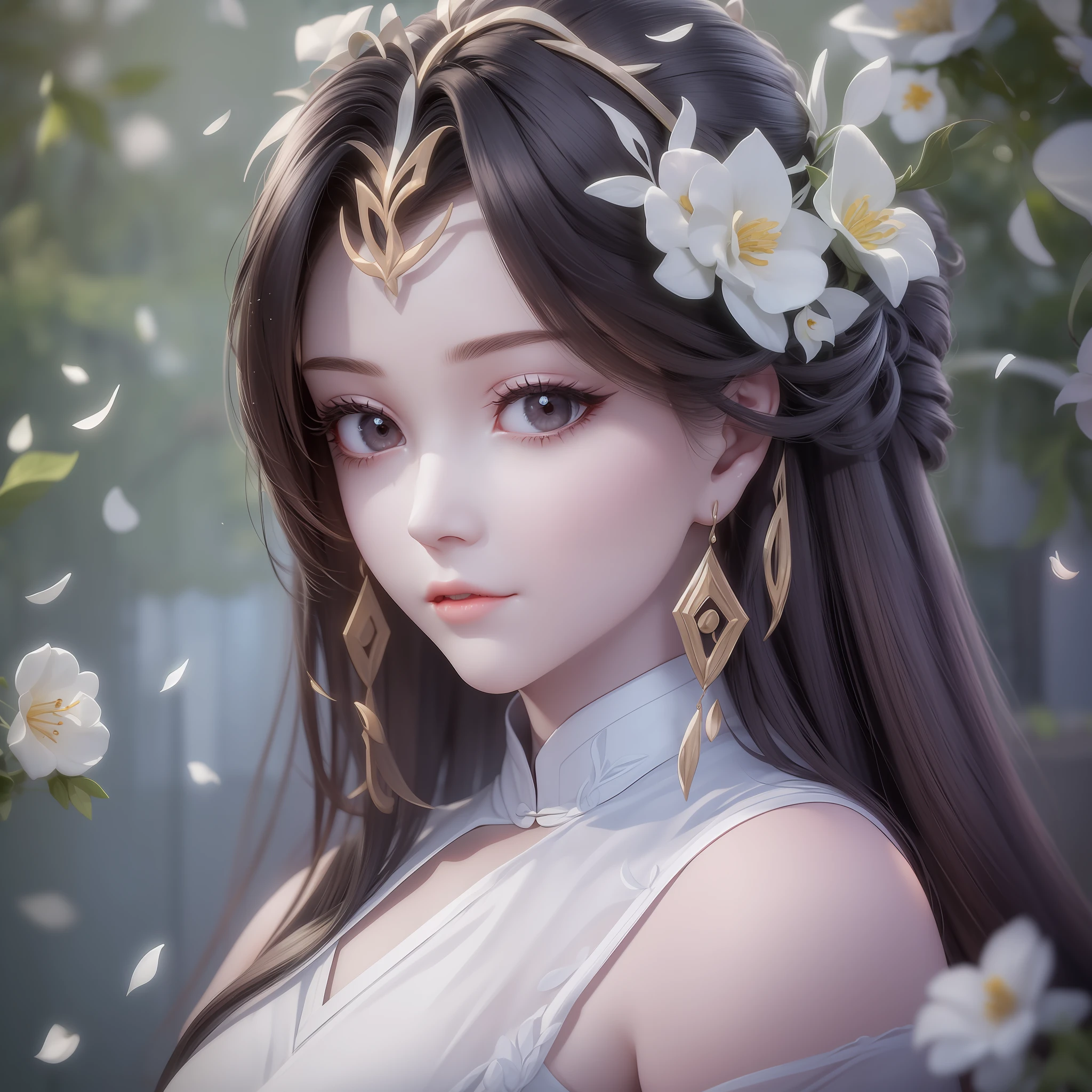 ( Girl: 1.5), Lace, Ribbon, Hanfu, (Masterpiece, Side Light, Delicate and Beautiful Gray Eyes: 1.2), Masterpiece, Realistic, Glowing Eyes, Shiny Hair, Dark Hair, Shiny Skin, Celibate, Embarrassed, Bare Shoulders, Delicate, Beautiful, Garden, Flowers, Fluttering Petals,