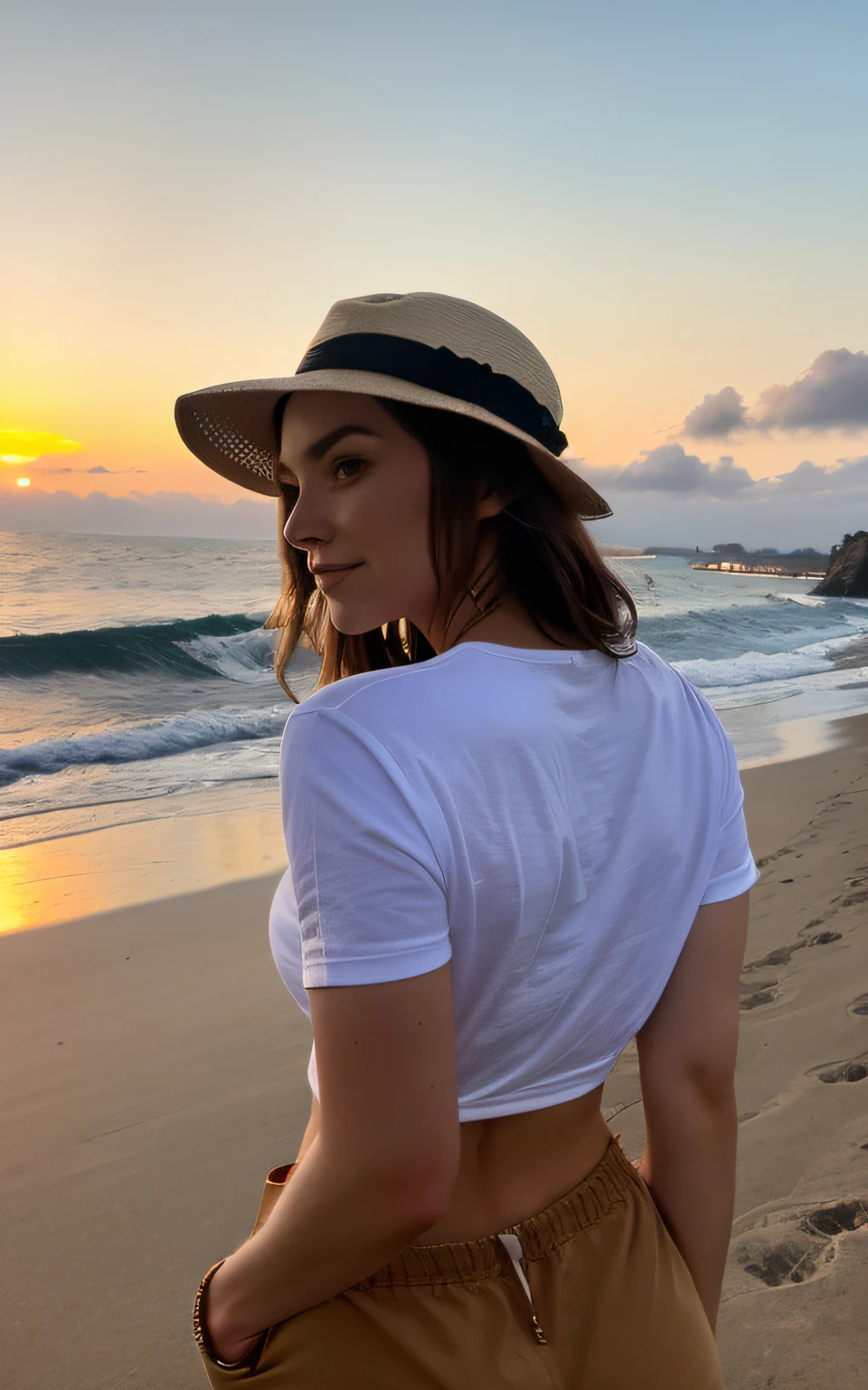 1 woman ((selfie of upper body back looks at the horizon, happy)), masterpiece, best quality, ultra-detailed, on the beach, (day), nature, cheerful, looking at the sea, happy, backpack, beach hat, pink shirt small sleeve closed, shadows, contrast, clear sky, style, (warm hue, warm tone: 1.2), close-up, cinematic light, side lighting, ultra high resolution,  best eyeshadow, RAW, body face part, serious look, normal breasts, 4k,