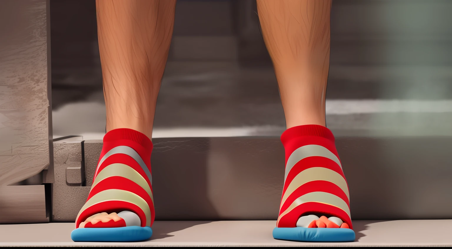 a person wearing a large sock and wearing a sandal.