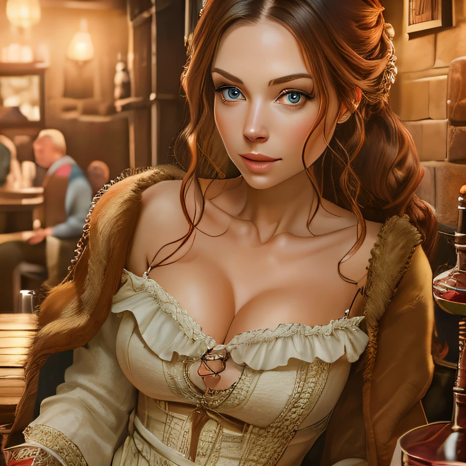 beautiful ginger women in detailed dress at tavern, air above hair, IPA award wining, masterpiece, best aftereffects