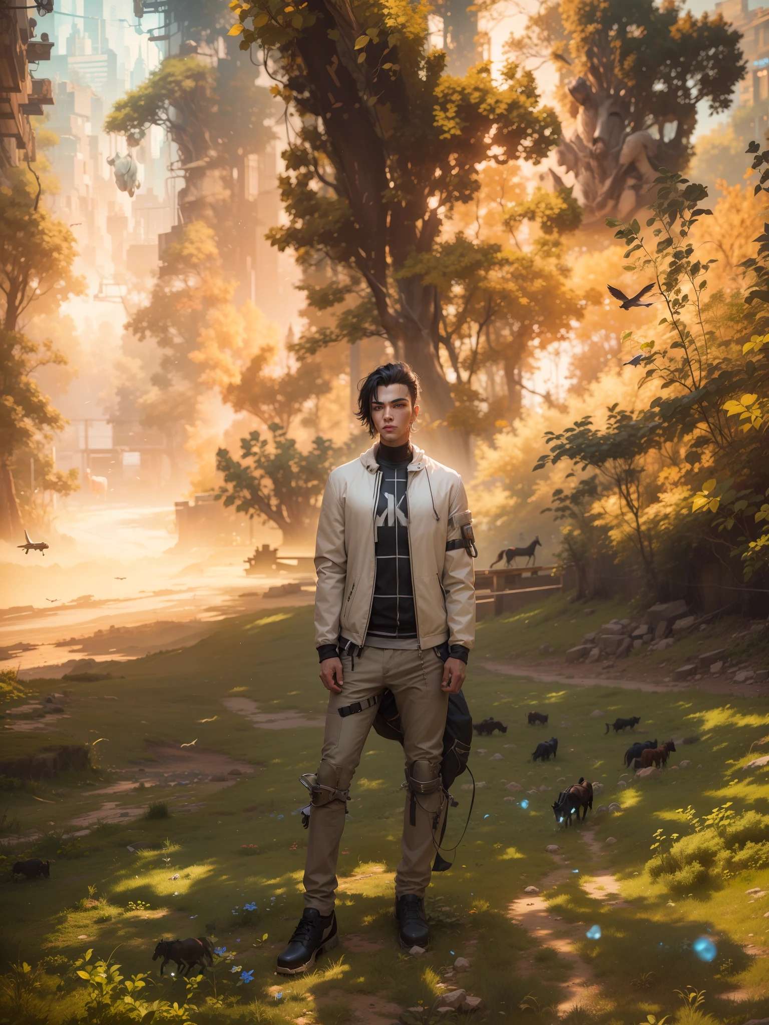 Cyberpunk, handsome boy with horses in background, ultra realistic