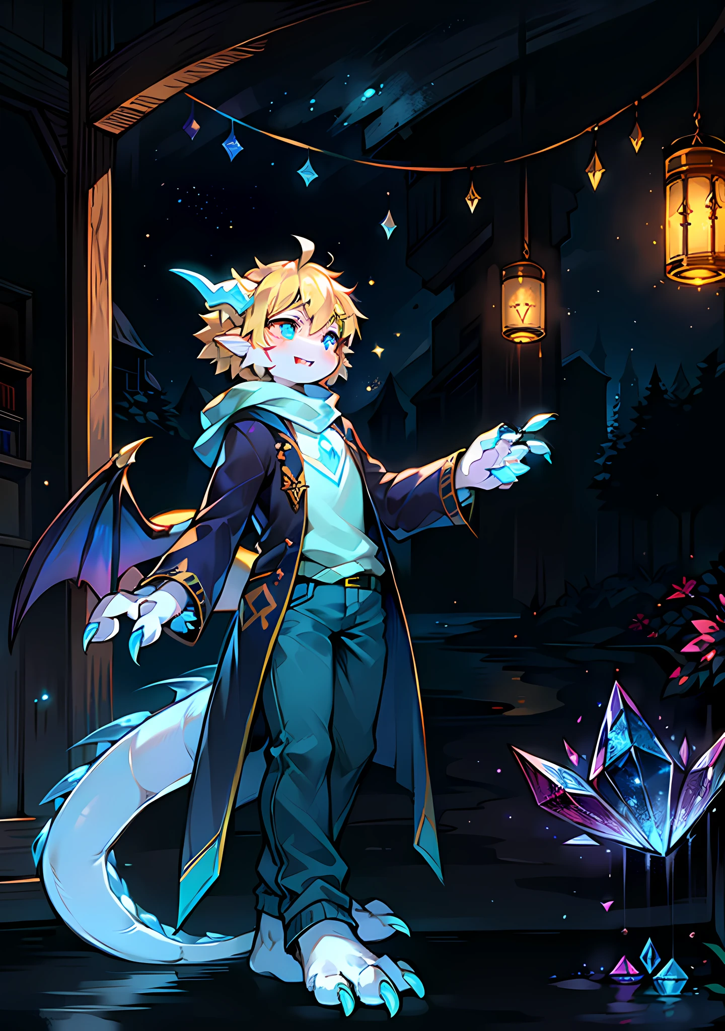 Midnight, Creek, Firefly, Blue Moon, Moonlight, Barbs, Lots of Fine Scales, Starry Sky, Crystal, Dragon Boy, Cub, White Skin, Blonde Hairstyle, Detailed Eyes, Broken Golden Vertical Pupils, Fin Ears, Golden Crystal Sparrows, Astrologer, White-Gold Hooded Sweatshirt, Blue and Black Trench Coat, Golden-Blue Streamers, Blue Pants, Blue and Beige Scarves, Firefly Lanterns, Prismatic Gemstones on the Forehead, Starry Water, Floating Spell Book, Dragon Features, Slender and Slender Fine-Scaled Tail, Crystal Spiked Tail, Slender Golden Crystal Dragon Horns, Golden-Blue Wings, Wingspan, fangs, full body gold and blue crystal scales, larger foot claws, larger hand claws, full body fine scales, more scales, glowing textures, crystal balls, starlight, magic balls, magic lighting, surrounding