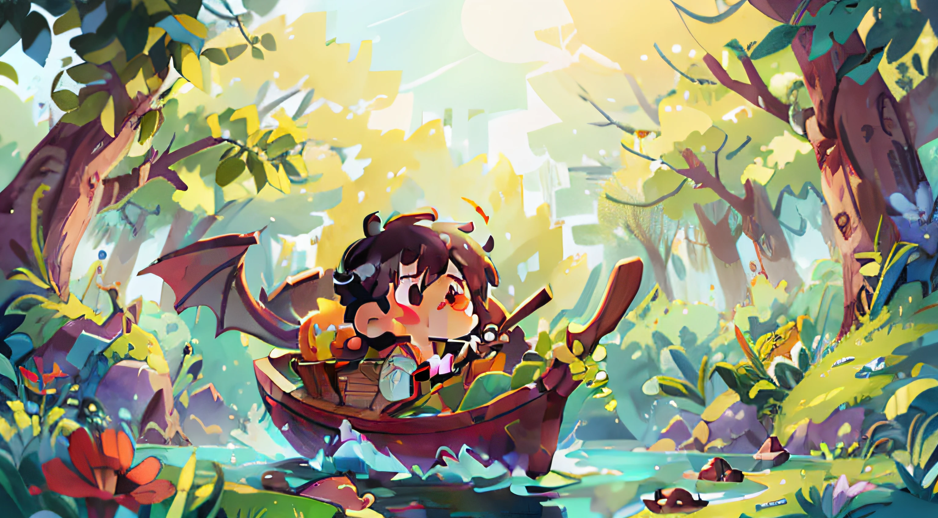 A boy rowing a dragon boat on the water, the sun is shining, surrounded by flowers, woods, warm colors