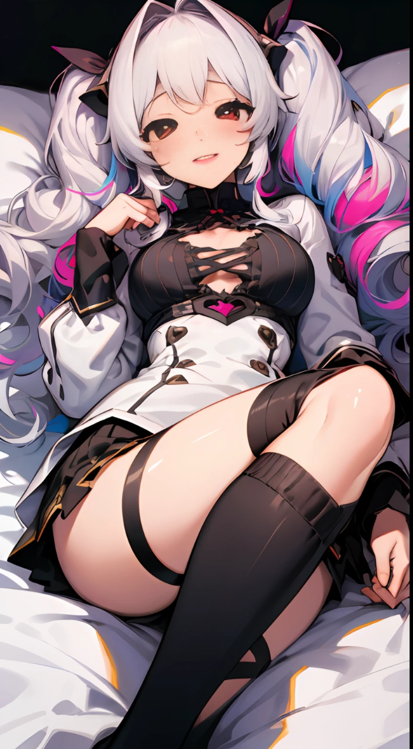 (masterpiece:1.2), (highest quality:1.2), best quality, (ultra detailed:1.3), incredibly absurdres, extremely detailed, colorful, cinema quality, deep, 1girl, solo, white hair, long hair, low twintails, twintails, wavy hair, red eyes, looking at viewer, smile, teeth,breasts, sweatdrop, blush, heart-shaped pupils, lying, on bed, feet out of frame, empty eyes, saliva, revision,