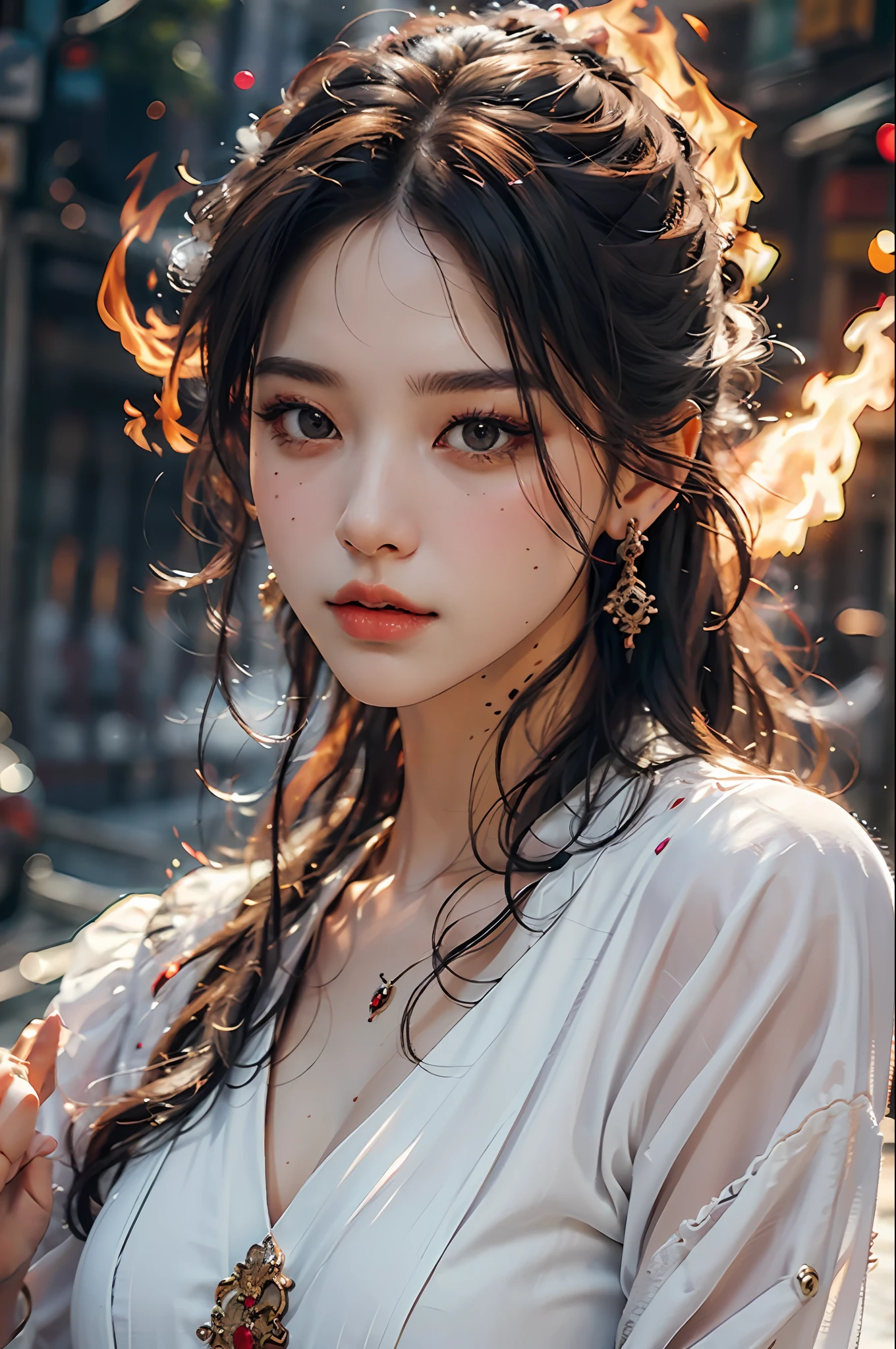 Best quality,masterpiece,ultra high res,(photorealistic:1.4)1girl,beautiful_face,detailed skin,full body,yuhuoshu,jewelry,solo,earrings,(fire:1.3),blurry,realistic,lips,