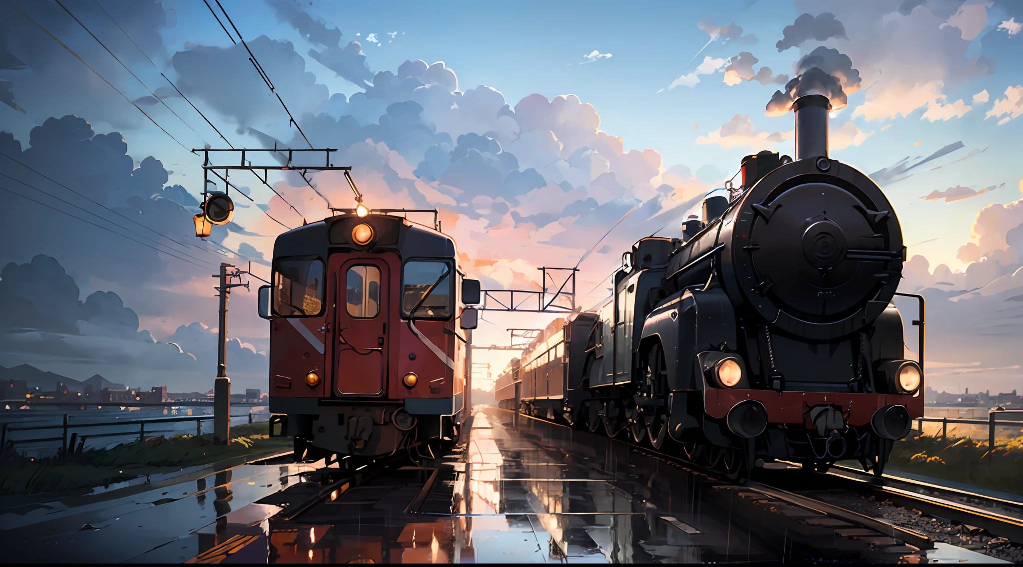 anime scene of a train passing under a pink and purple sky, an anime drawing by Makoto Shinkai, trend in pixiv, magical realism, beautiful anime scene. by Makoto Shinkai, ( ( Makoto Shinkai ), by Makoto Shinkai, anime background art, Makoto Shinkai style, with lots of rain. --auto