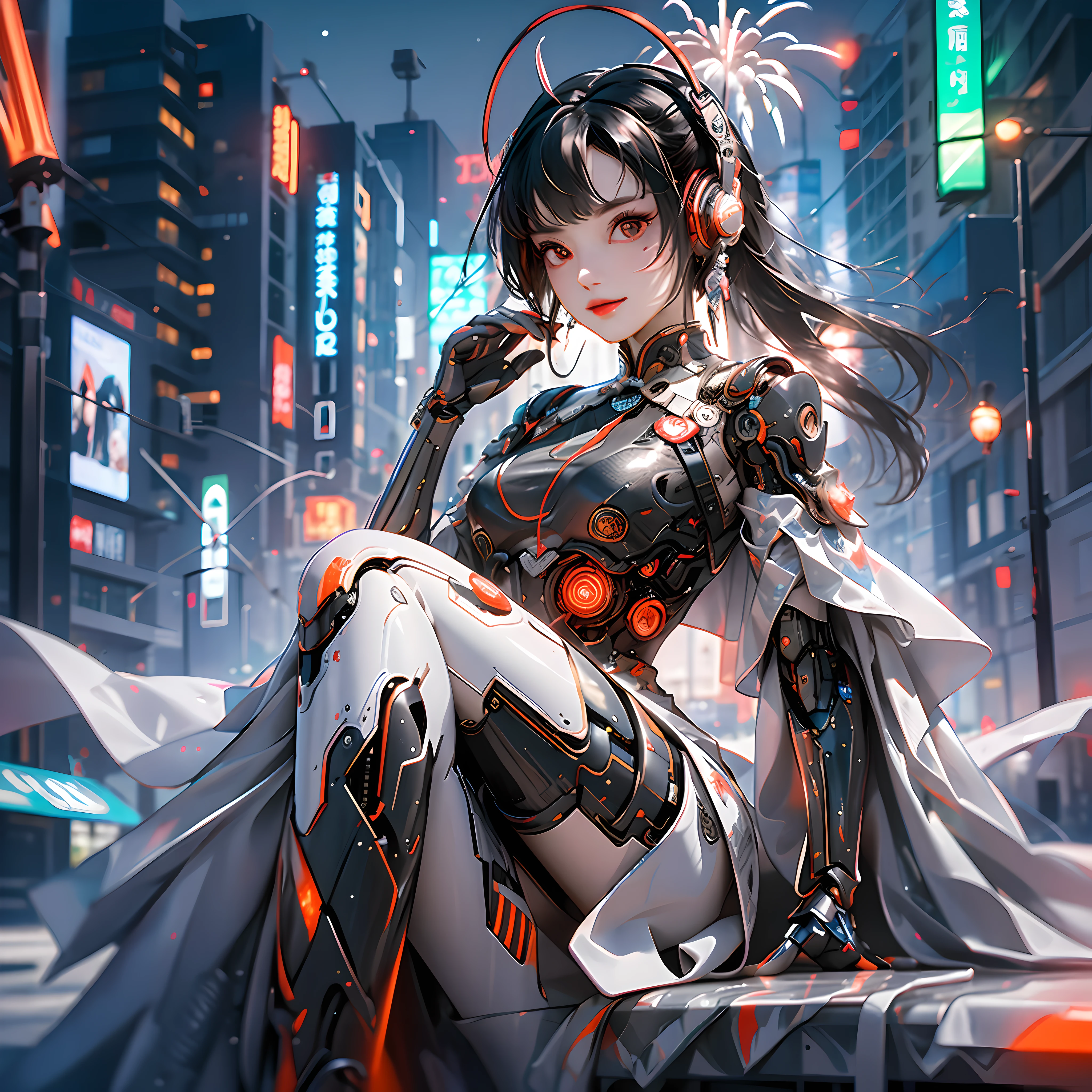 Chenglan bustling fireworks, top gathering of delicious foodies, spicy Shu fables, moon watching immersion, girls, Chinese_clothes, metallic black titanium and crimson, cyberhan clothing, cheongsam, cyberpunk city, dynamic pose, detailed luminous headphones, luminous hair accessories, long hair, luminous earrings, luminous necklace, cyberpunk, high-tech city, full of mechanical and futuristic elements, futurism, technology, glowing neon, red, red light, sexy skirt, translucent black cape, laser light, Digital background city sky, big moon, with vehicles, best quality, masterpiece, 8K, character edge light, super high detail, high quality, the most beautiful woman in human beings, smile, face facing front left and right symmetry, ear corner decoration, long antenna glow, beautiful pupils, light effects, visual data, silver-red-orange hair dyeed hair, ultra-detailed facial texture, happy and proud, weapon system, crowded on the street, mecha style, wearing a glowing antenna, deep eyes, cute sitting posture of a girl
