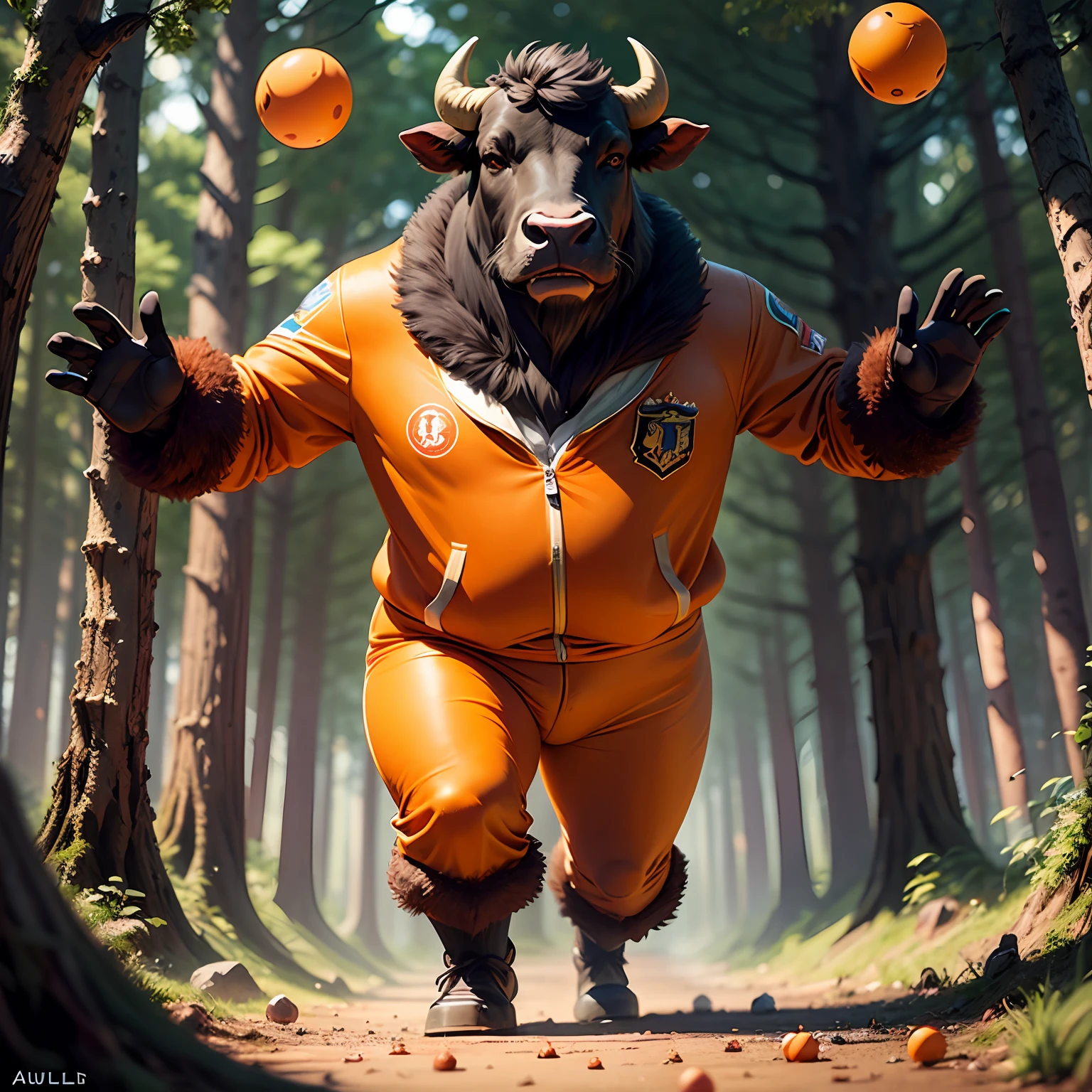 fantasy, animation, hyper texture animation, disney, a bull standing in two foot, bull wears a orange suit, orange balls around him, epic forest background --auto