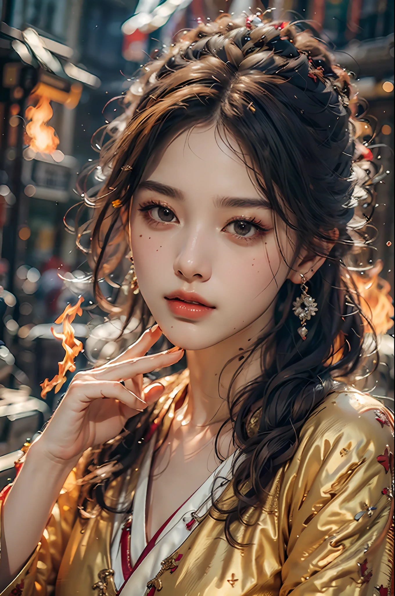 Best quality,masterpiece,ultra high res,(photorealistic:1.4)1girl,beautiful_face,detailed skin,full body,yuhuoshu,jewelry,solo,earrings,(fire:1.3),blurry,realistic,lips,