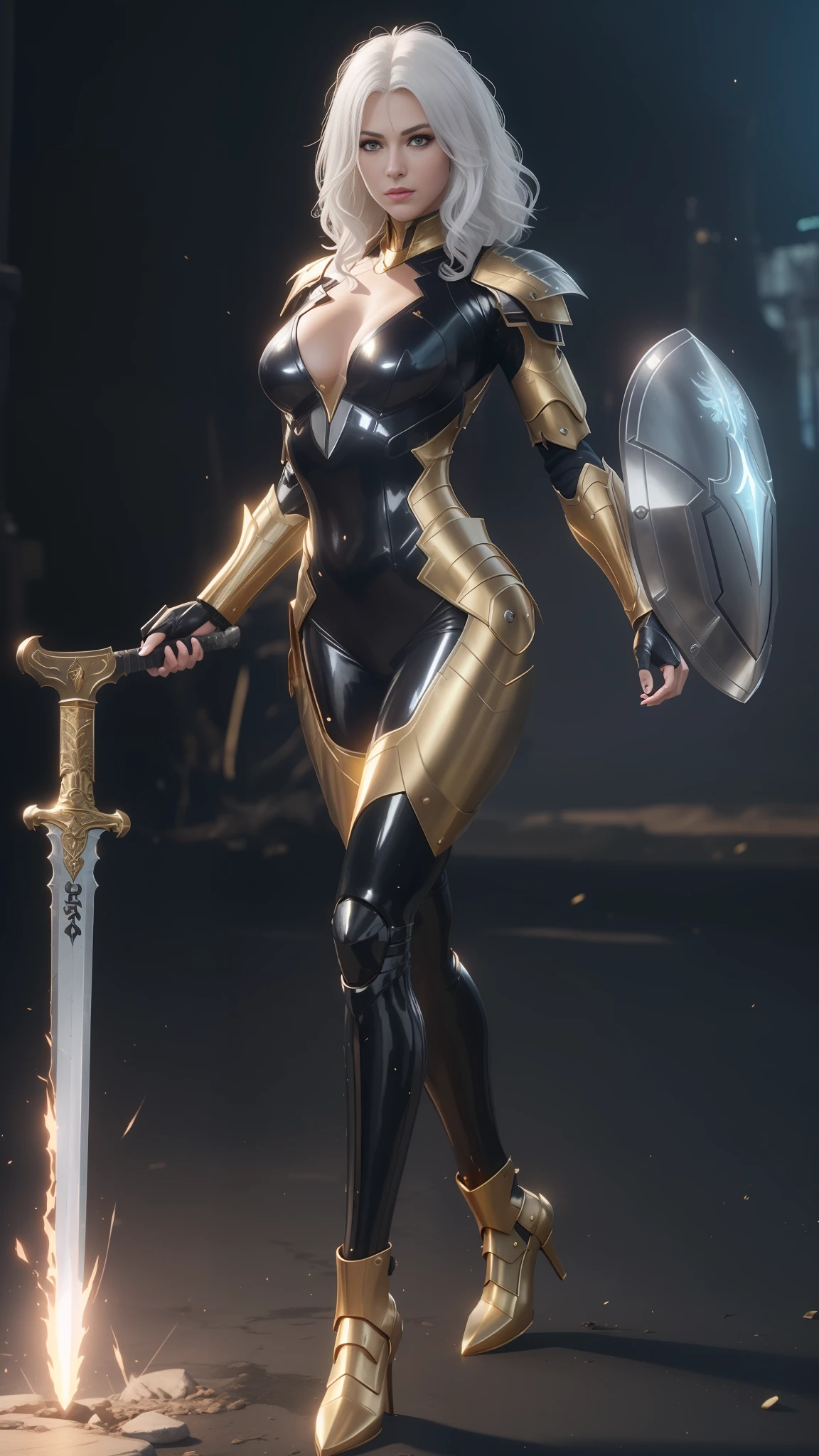 a woman in a black and gold outfit holding a sword, 3 d render character art 8 k, black and golden armor, cinematic goddess body shot, bikini armor female knight, armor girl, unreal engine render + a goddess, unreal engine render saint seiya, amazing 8k character concept art, black and gold armor, wearing witchblade armor