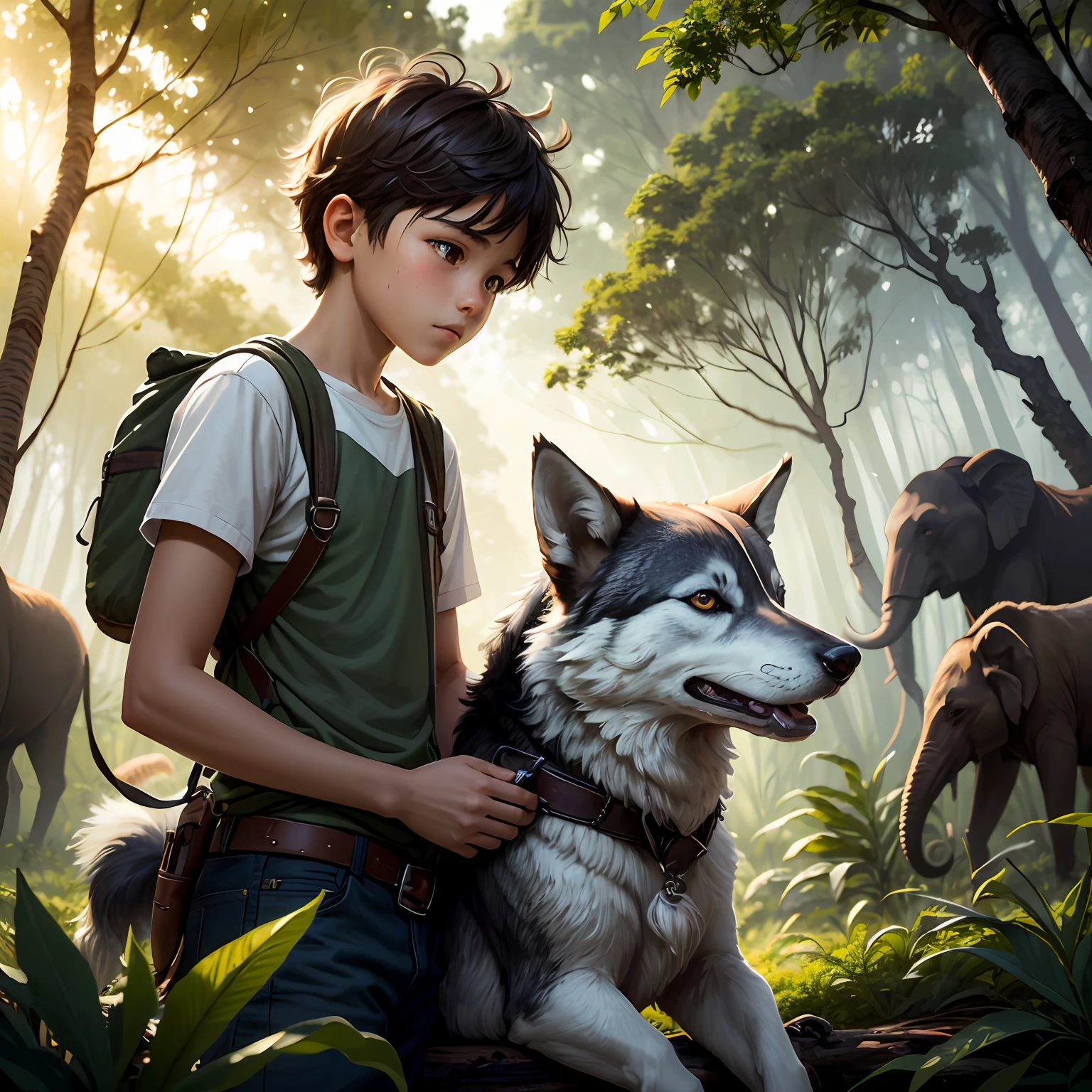 High Detail, Ultra Detail, Ultra High Resolution A boy and his wolf pet, lost in the rainforest, surrounded by elephants, with the hot sun shining on them.