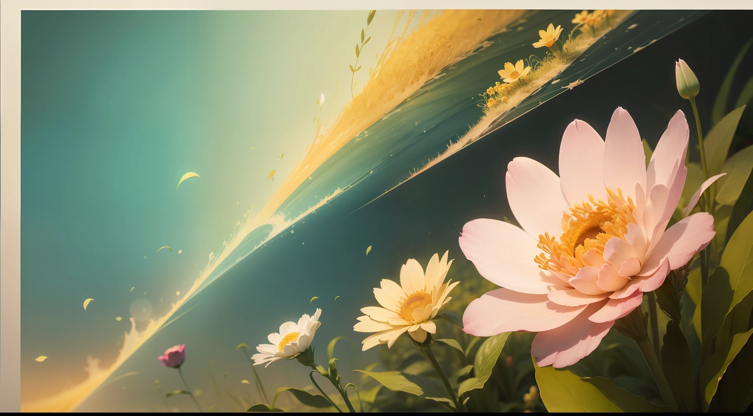 "Generate an abstract artistic background with a spring or summer theme, featuring vibrant colors and a refreshing atmosphere. The image should convey a sense of renewal, with abstract elements that refer to nature, such as flowers, leaves or stylized organic elements. The colors should be cheerful and vivid, evoking the energy and vitality of the season. Make sure the background is detailed and textured to offer the best visual quality and attract buyers looking for creative and modern designs for their graphic design, web design and other project needs."