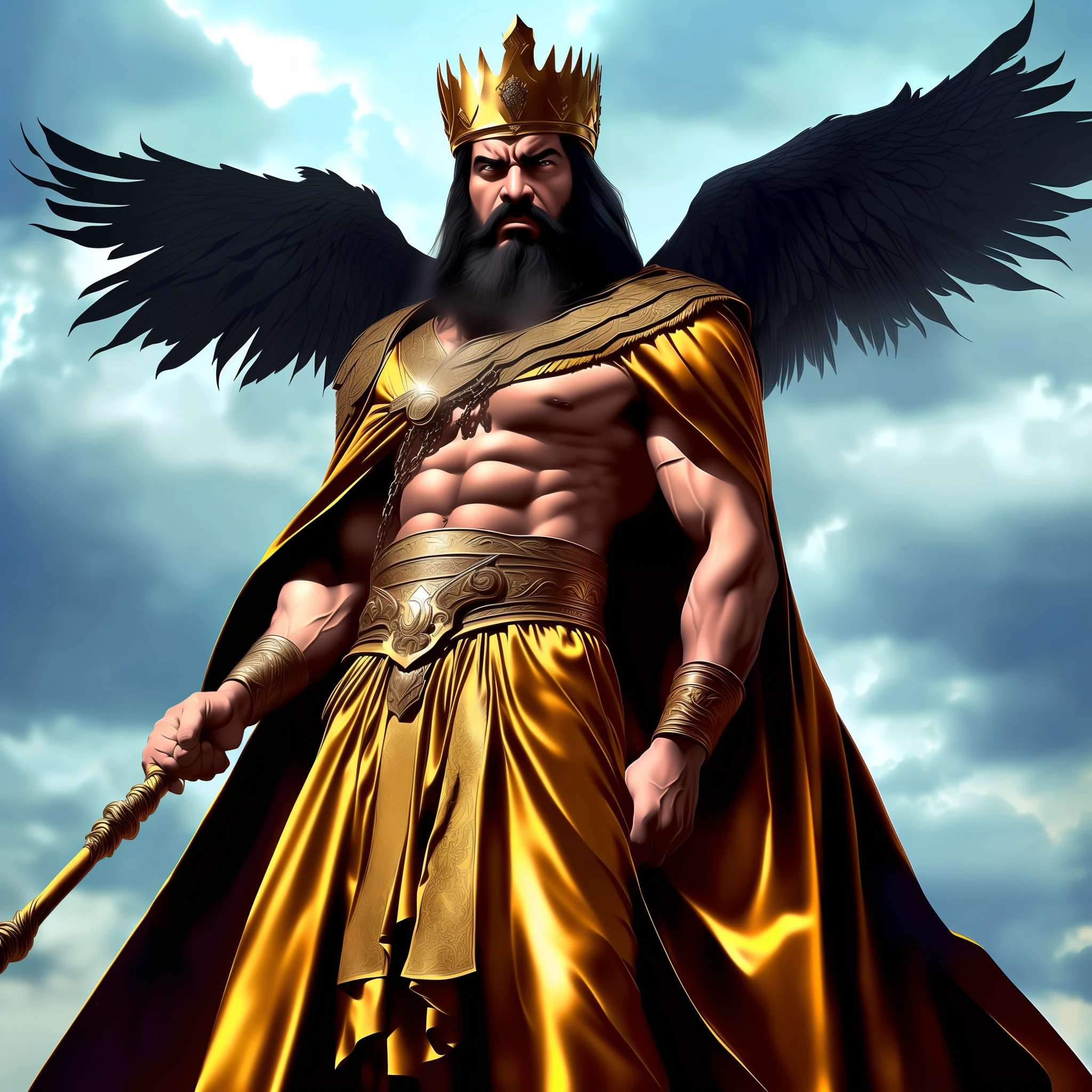 A man like Persian king Darius the Great, long black beard like Achaemenid Persian, Very long beards, angry, Cloudy sky, red royal crown with gold chains, real quality like game, 4k, very muscular body, long black hair, two big black wings, iron scepter in hand, angry and angry, like God, like Persian king Darius, his face like super villain , the weather is stormy and rainy, he looks at the sky, high quality