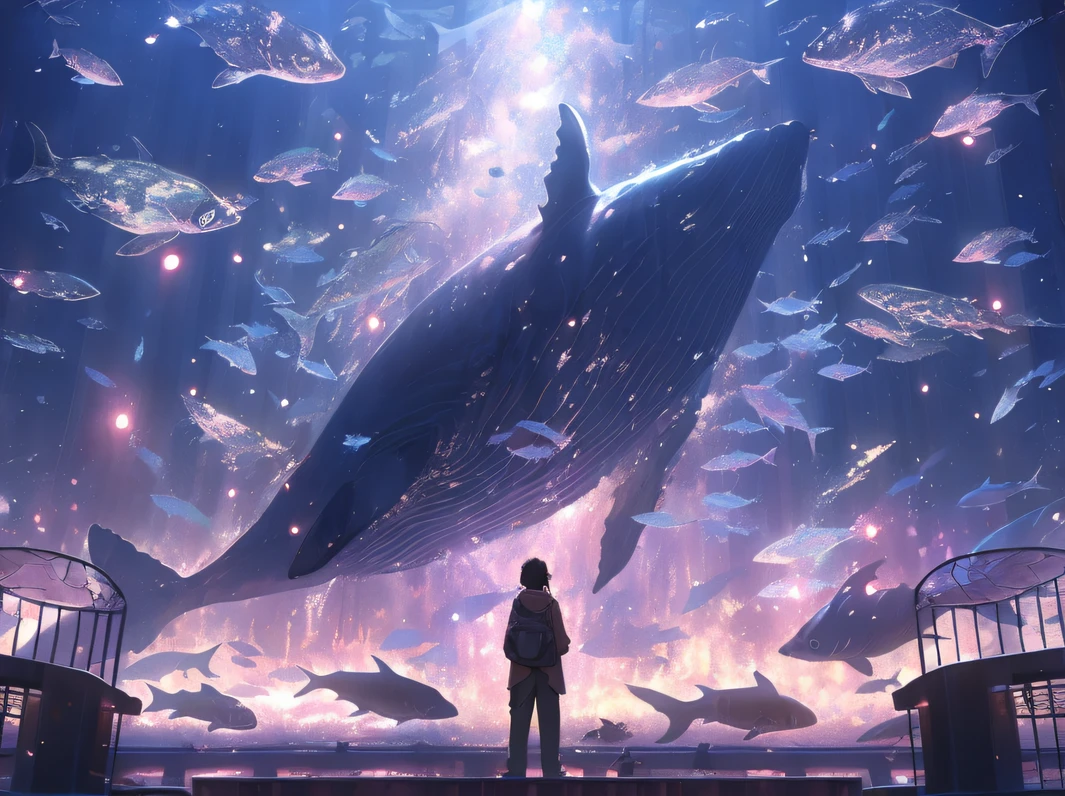masterpiece, A beautiful painting of a dream of a huge aquarium, a person stands in front of the observatory and looks at whales through the glass. Those animals are swimming in the sea of stars, romantic, fairy light , japanese anime style trending on artstation by Rella , Trending on pixiv, pink,Pink fluorescence, light blue and yellow color scheme,shoal of fish,(depth of field:3)